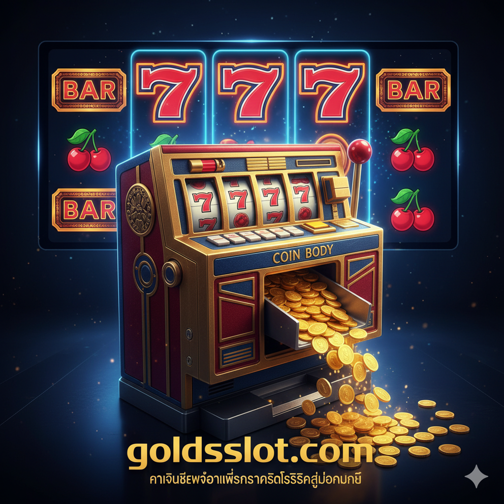 ภาพสไตล์ Retro-futuristic ที่ผสานระหว่างตู้สล็อตแมชชีนคลาสสิก (Slot Machine Cabinet) กับกราฟิกเกมสล็อตออนไลน์ยุคใหม่ องค์ประกอบหลักคือส่วน 'Coin Slot Body' ที่โดดเด่น มีเหรียญทองจำนวนมากไหลออกมาจากช่องรับเหรียญของตู้จริง ภาพพื้นหลังเป็นหน้าจอเกมสล็อตออนไลน์ที่มีสัญลักษณ์คลาสสิก (777, BAR, เชอร์รี่) ส่องแสงเรืองรอง สีหลักเป็นโทนทอง, แดงเข้ม, และน้ำเงินเข้ม เน้นความหรูหราและความตื่นเต้น (Excitement) เพื่อสื่อถึงการนำความคลาสสิกของตู้จริงมาสู่โลกออนไลน์ของ goldsslot.com