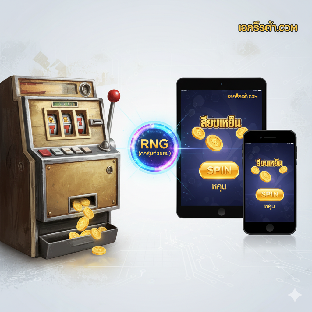 ภาพแสดงการเปรียบเทียบอย่างมีสไตล์ระหว่าง 'ตัวเครื่องสล็อตจริง' (Physical Slot Machine) และ 'อินเทอร์เฟซสล็อตออนไลน์' (Online Slot Interface) โดยมีเส้นแสงเชื่อมโยงกัน องค์ประกอบด้านซ้ายคือส่วนของคันโยกและช่องหยอดเหรียญจริง ส่วนด้านขวาเป็นหน้าจอแท็บเล็ตหรือมือถือที่แสดงเกมสล็อตของ goldsslot.com ที่มีกราฟิกเสียงเหรียญ (Coin Sound Effect) และปุ่ม 'Spin' สีทอง เน้นองค์ประกอบของ RNG (Random Number Generator) เป็นวงกลมเรืองแสงเพื่อสื่อถึงความเป็นธรรม ภาพรวมใช้โทนสีสว่างและสะอาดตาของเทคโนโลยีสมัยใหม่ ผสมผสานกับความขลังของสีโลหะเก่า