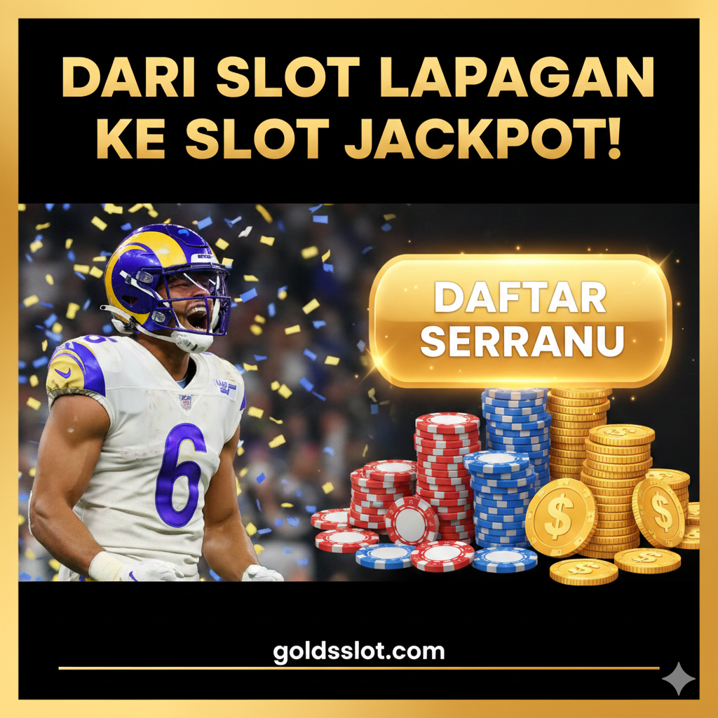 Gambar rangkuman dan Call to Action (CTA) yang menggabungkan kesimpulan artikel. Tampilkan foto close-up Cooper Kupp yang sedang merayakan Touchdown (emosi kemenangan) di sisi kiri. Di sisi kanan, tampilkan ilustrasi besar dari tombol 'DAFTAR SEKARANG' yang berkilauan dengan efek cahaya keemasan, ditempatkan di atas tumpukan chip kasino atau koin yang melimpah (simbol Jackpot). Teks harus besar dan memotivasi: 'Raih Kemenangan Anda Sekarang!' atau 'Dari Slot Lapangan ke Slot Jackpot!'. Gaya visual harus mendesak, berenergi tinggi, dan memberikan dorongan kuat untuk bertindak.