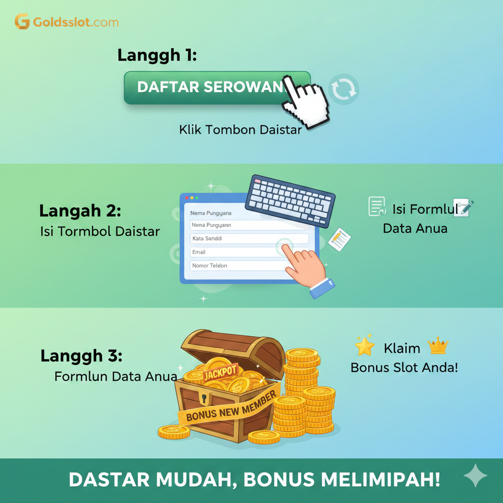 Gambar tutorial langkah-demi-langkah yang berfokus pada proses pendaftaran di Goldsslot.com dan klaim Bonus New Member. Tampilkan tiga langkah sederhana yang jelas: 1. Klik Tombol Daftar (dengan ikon mouse/tangan menunjuk); 2. Isi Formulir (dengan ikon keyboard/data); 3. Klaim Bonus Slot (dengan ilustrasi peti harta karun atau tumpukan koin besar). Gunakan latar belakang yang ramah pengguna dengan warna dominan hijau atau biru muda yang menenangkan. Sertakan logo Goldsslot.com kecil di sudut. Teks panduan harus minimalis dan mudah dipahami, memberikan kesan 'cepat dan mudah'.
