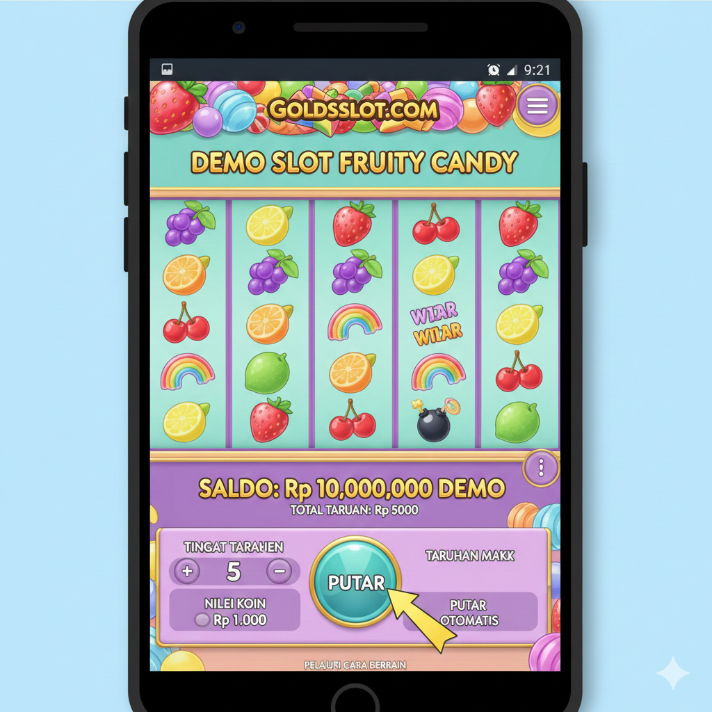 Visual yang menggambarkan panduan bermain atau sesi demo. Tampilkan tampilan antarmuka pengguna (UI) mobile/desktop dari 'Demo Slot Fruity Candy' di goldsslot.com. Fokus pada tombol-tombol kunci seperti 'Spin', 'Bet Level', dan tampilan saldo virtual yang besar (misalnya, Saldo: Rp 10.000.000 DEMO). Di latar belakang, bisa terlihat simbol-simbol 'Fruity Candy' yang tersusun di grid permainan, tetapi penekanan utamanya adalah pada proses pengaturan taruhan dan tombol 'Start' yang siap ditekan. Gunakan warna-warna yang menenangkan namun profesional untuk menyampaikan suasana belajar dan uji coba tanpa risiko.