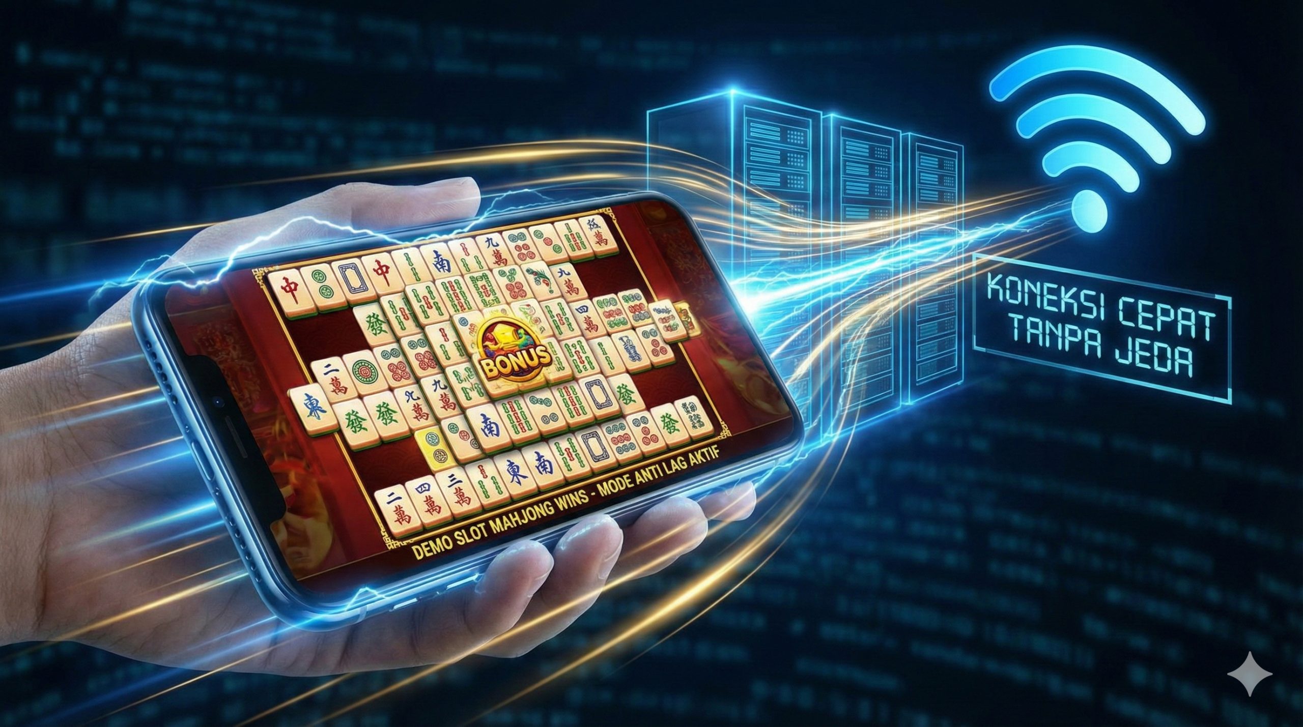 Visualisasi teknologi yang menekankan kecepatan dan performa server 'Anti Lag'. Gambar menampilkan smartphone yang sedang menjalankan game Mahjong Wins dengan grafis jernih dan frame rate tinggi, dikelilingi oleh elemen visual garis-garis kecepatan (speed lines) berwarna biru elektrik dan emas yang melesat. Ikon server dan sinyal 5G atau WiFi yang kuat terlihat di sudut, menyimbolkan koneksi stabil dan akses cepat tanpa hambatan untuk pengalaman bermain demo yang lancar.