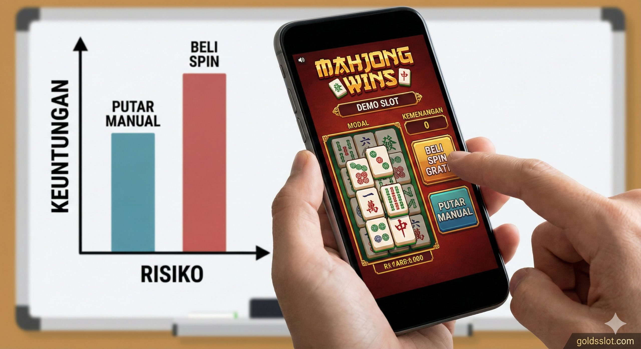 Gambar ilustrasi panduan strategi yang membandingkan mode 'Manual Spin' dan 'Buy Spin'. Menampilkan tampilan antarmuka game pada layar smartphone modern yang dipegang tangan manusia. Jari pengguna terlihat menekan tombol fitur 'Buy Free Spins' yang menonjol di sisi layar. Di latar belakang, terdapat grafik analisis samar yang menunjukkan diagram batang keuntungan vs risiko, menciptakan kesan edukatif dan strategis sesuai dengan eksperimen yang dibahas dalam artikel.