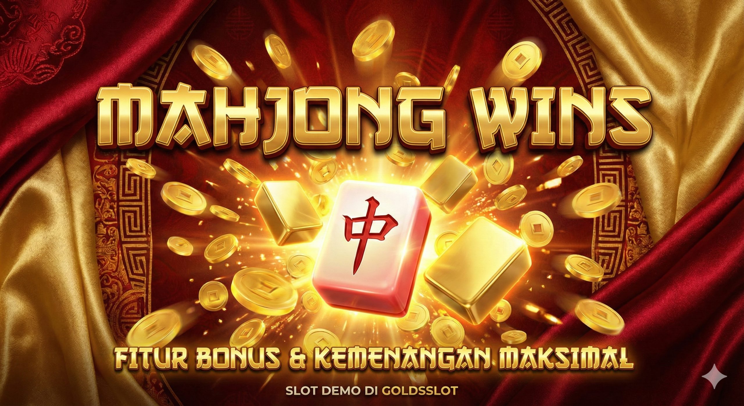 Desain sampul artikel yang dramatis dan mewah dengan tema kasino oriental. Gambar menampilkan latar belakang merah tua dan emas dengan tekstur sutra. Di tengah, terdapat ilustrasi 3D dari simbol naga merah (Scatter) dan ubin Mahjong emas yang bersinar terang, dikelilingi oleh koin emas yang meledak keluar (efek Maxwin). Teks 'Mahjong Wins' ditampilkan dengan tipografi emas metalik yang tebal. Suasana gambar harus energik dan mengundang, merepresentasikan kemenangan besar dan fitur bonus yang menarik di Goldsslot.