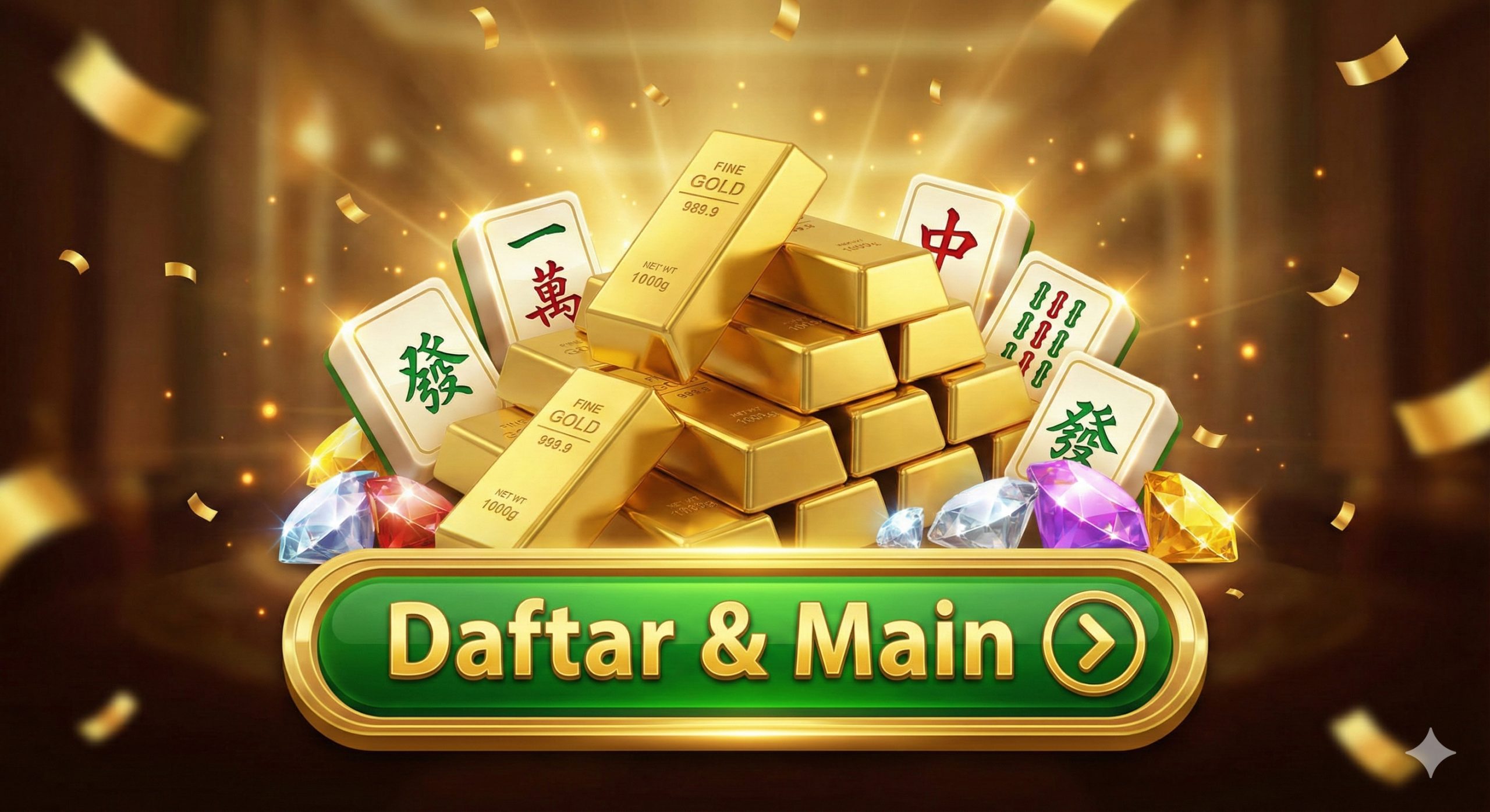 Gambar kesimpulan yang penuh perayaan dan motivasi (Call to Action). Menampilkan tumpukan besar batangan emas, ubin Mahjong bernilai tinggi, dan permata dengan efek kilauan cahaya yang meriah (confetti). Di bagian bawah, terdapat tombol virtual bergaya 3D bertuliskan 'Daftar & Main' atau simbol panah yang mengarah ke aksi nyata. Nuansa gambar sangat positif, menggunakan palet warna emas dominan untuk memicu semangat pemain beralih dari akun demo ke akun uang asli.