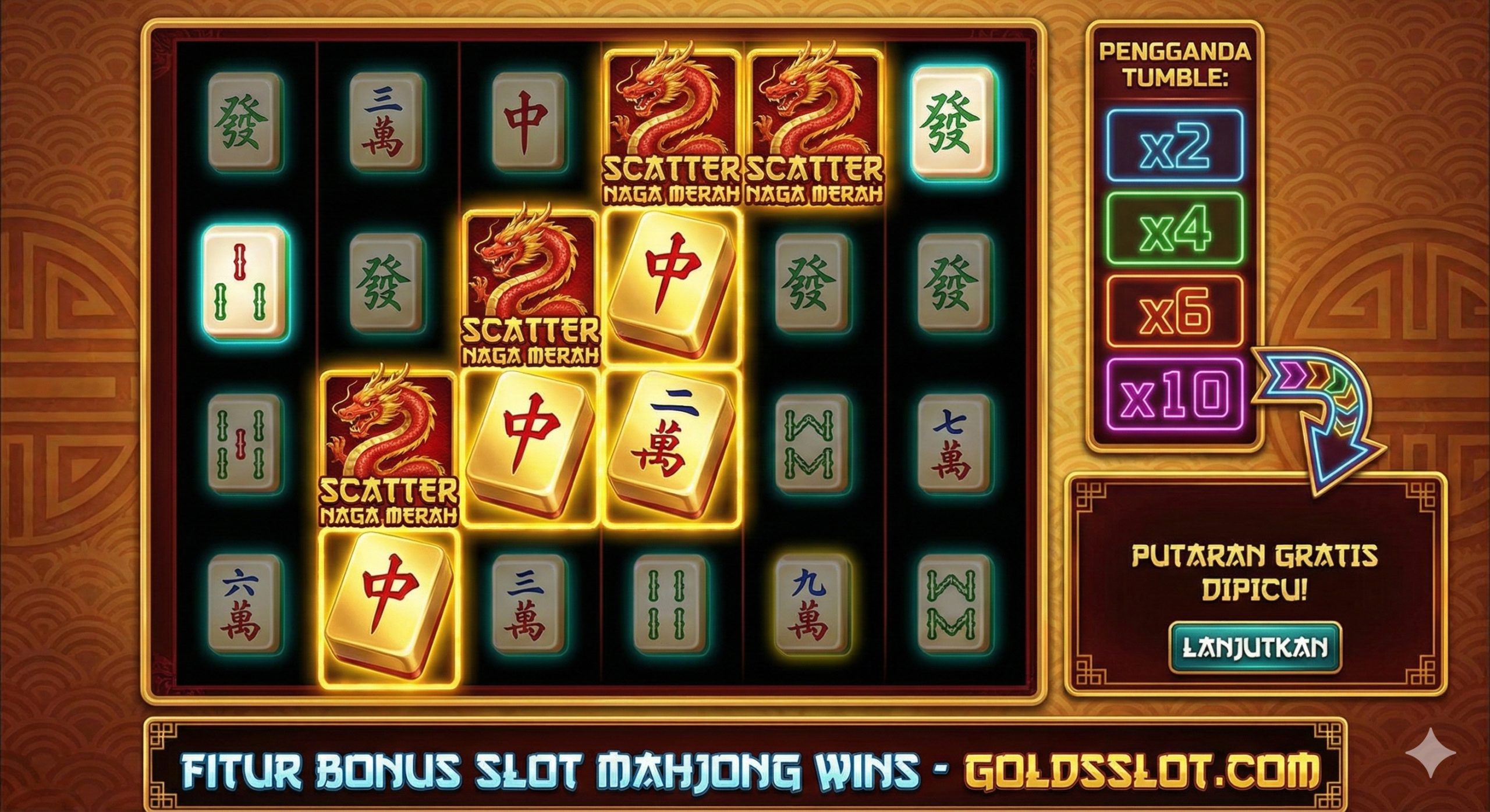 Ilustrasi detail yang menyoroti mekanisme fitur bonus permainan. Gambar fokus pada grid permainan slot format 5x4 dengan sorotan khusus pada simbol Scatter Naga Merah dan simbol ubin berlapis emas. Di samping grid, terdapat infografis visual yang menunjukkan angka pengganda (Multiplier) progresif x2, x4, x6, hingga x10 yang menyala dengan efek neon. Gaya visualnya modern dan tajam, memudahkan pemain memahami cara kerja fitur runtuhan (tumble) dan pemicu putaran gratis.