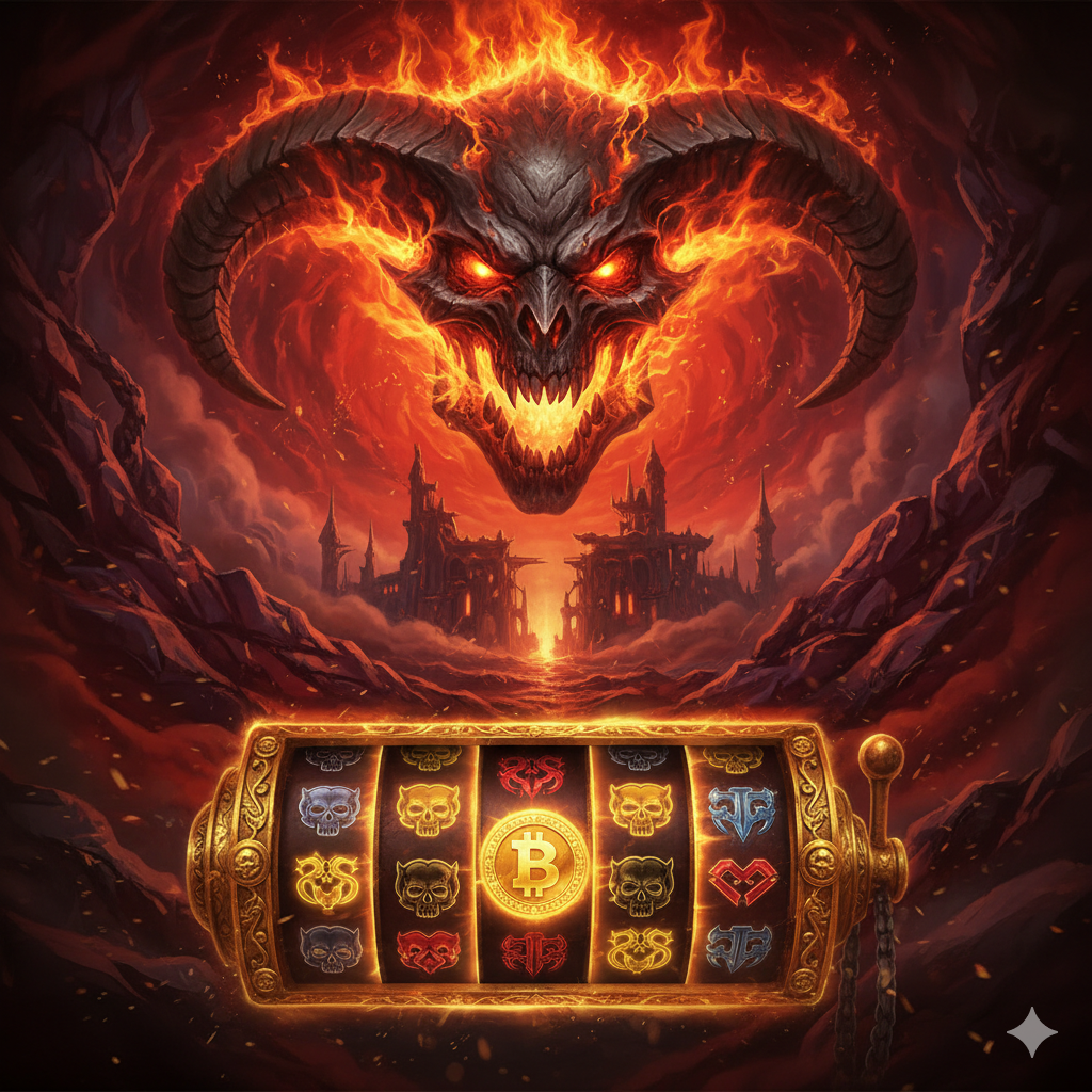 一张极具冲击力的暗黑奇幻风格的封面图。主体是一个燃烧着地狱之火的巨大恶魔或骷髅头（代表Diablo/地狱主题），背景是扭曲的岩浆和阴森的城堡/地狱入口。色彩以深红、黑、金为主，营造出强烈的视觉对比และ危机感。前景加入一个象征性的金色老虎机转轮หรือ闪耀的巨大金币，暗示“Slot”和“大奖”的主题。构图应将恶魔置于中心上方，金币/转轮置于下方，突显主题：黑暗与财富的结合。