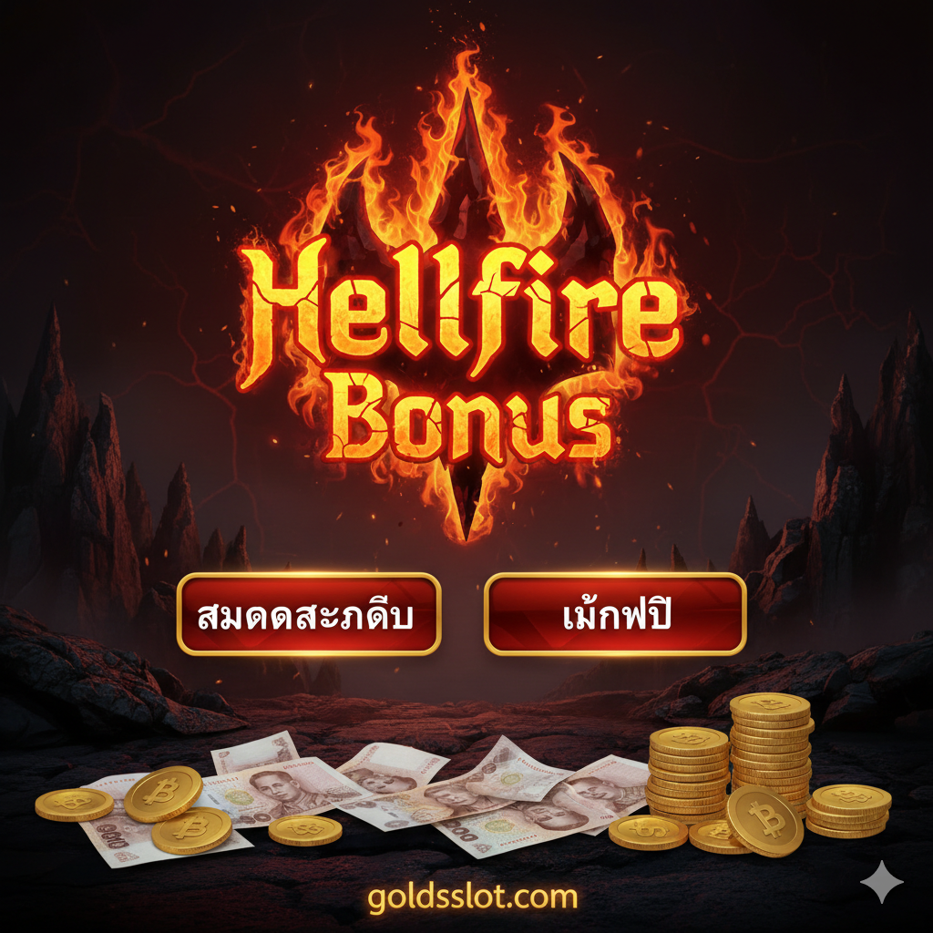 สรุปและ action call รูปภาพ. ภาพพื้นหลังมืด, มีสัญลักษณ์ 'Hellfire Bonus' ที่เป็นไฟลุกท่วมอยู่ตรงกลาง. ใต้สัญลักษณ์มีปุ่ม 'สมัครสมาชิก' และ 'เล่นฟรี' เป็นภาษาไทย. เงินบาทและเหรียญทองกระจายอยู่ด้านหน้า เพื่อกระตุ้นให้ผู้ใช้คลิกและลงทะเบียน.