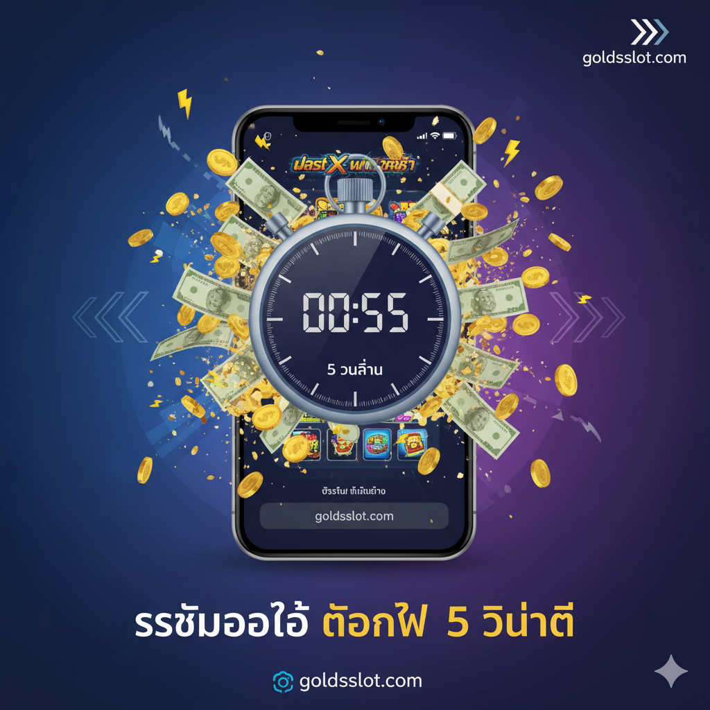 ภาพเน้นคุณสมบัติ 'ระบบออโต้ ถอนไว 5 วินาที' โดยมีองค์ประกอบของนาฬิกาจับเวลาดิจิทัลที่แสดงตัวเลข '00:05' หรือ '5 Sec' พร้อมกับกองเหรียญทองและธนบัตรที่พุ่งออกมาจากหน้าจอโทรศัพท์มือถือที่กำลังแสดงอินเทอร์เฟซการถอนเงินอัตโนมัติ ฉากหลังควรเป็นโทนสีน้ำเงินเข้มหรือสีม่วงเพื่อแสดงถึงเทคโนโลยีและความปลอดภัย มีสัญลักษณ์ลูกศรพุ่งไปข้างหน้าและไอคอนสายฟ้าเพื่อเน้นย้ำความเร็วในการทำธุรกรรม ถ่ายทอดภาพลักษณ์ของความน่าเชื่อถือและความรวดเร็วในการจ่ายเงิน (Fast Payout)