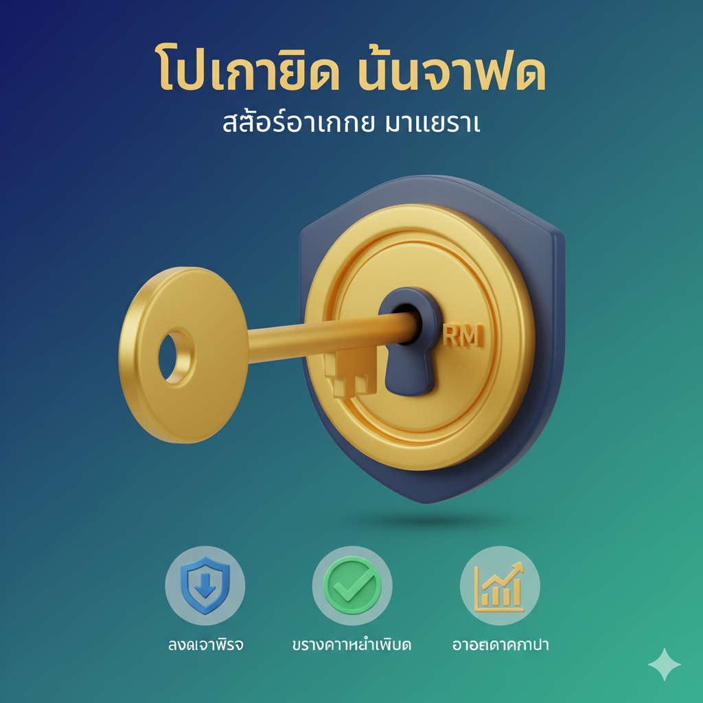 ภาพสำหรับส่วน 'ทำความเข้าใจ: Free Credit No Deposit' แสดงแนวคิดของ 'ความเสี่ยงเป็นศูนย์' และ 'ความน่าเชื่อถือ' โดยใช้ภาพของกุญแจทองคำที่เสียบเข้ากับช่องกุญแจที่มีเครื่องหมายดอลลาร์/ริงกิต (RM) หรือรูปมือที่ถือเหรียญพร้อมโล่ป้องกัน ภูมิหลังควรเป็นโทนสีน้ำเงิน/เขียวที่สื่อถึงความปลอดภัยและความมั่นคง มีไอคอนเล็กๆ สามอันที่แสดงถึง 'ลดความเสี่ยง' (โล่), 'สร้างความน่าเชื่อถือ' (เครื่องหมายถูกขนาดใหญ่), และ 'โอกาสทำกำไร' (กราฟพุ่งขึ้น) เพื่อประกอบคำอธิบายอย่างชัดเจน สไตล์ภาพเป็นแบบ Flat Design หรือ 3D Minimal เพื่อความทันสมัย