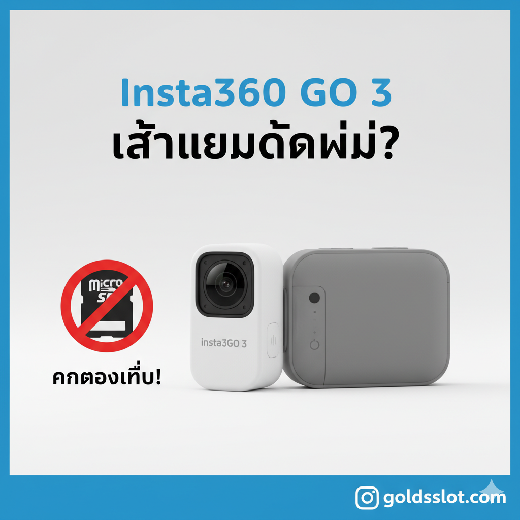 ภาพหน้าปกที่เน้นคำถามและคำตอบ แสดงกล้อง Insta360 GO 3 ตัวเล็กพร้อม Action Pod วางอยู่บนพื้นผิวสีขาวสะอาดตา ด้านข้างมีสัญลักษณ์ Micro SD Card ถูกขีดฆ่าด้วยเครื่องหมาย '🚫' สีแดงขนาดใหญ่ เพื่อสื่อสารอย่างชัดเจนว่ากล้องไม่มีช่องใส่เมมภายนอก ใช้โทนสีน้ำเงิน-เทาของแบรนด์ Insta360 เป็นหลักในการจัดวางองค์ประกอบ ภาพคมชัดและดูเป็นมืออาชีพตามสไตล์เว็บไซต์ e-commerce เพื่อดึงดูดความสนใจจากคำถามหลัก.