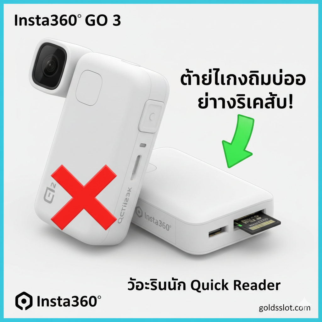 ภาพเน้นคุณสมบัติหลักของโซลูชัน จัดวางให้เห็นกล้อง Insta360 GO 3 (เน้นขนาดเล็ก) และ Action Pod ที่แสดงให้เห็นว่าไม่มีช่องเสียบเมมภายนอกอย่างชัดเจน อีกด้านหนึ่งของภาพแสดงอุปกรณ์เสริม Quick Reader กำลังเชื่อมต่อเข้ากับ Action Pod หรือโทรศัพท์มือถือ โดยมีลูกศรสีเขียวขนาดใหญ่ชี้ไปที่ช่องเสียบ Micro SD Card บน Quick Reader เพื่อนำเสนอสิ่งนี้ว่าเป็นทางออกหลักในการโอนถ่ายไฟล์วิดีโออย่างรวดเร็ว.