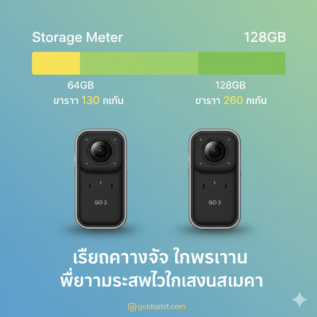 ภาพเปรียบเทียบข้อดีของการเลือกรุ่น 128GB จัดวางภาพกล้อง Insta360 GO 3 รุ่น 64GB และ 128GB เคียงข้างกัน โดยมีแถบวัดความจุ (Storage Meter) ที่รุ่น 128GB มีขนาดใหญ่กว่าอย่างเห็นได้ชัด มีตัวเลขประมาณการเวลาบันทึก (เช่น 130 นาที vs 260 นาที) กำกับไว้ด้านล่าง เพื่อช่วยผู้ใช้ตัดสินใจลงทุนในความจุที่สูงกว่าตั้งแต่แรก เน้นโทนสีที่บ่งบอกถึงความคุ้มค่าและความสบายใจในการใช้งานระยะยาว.