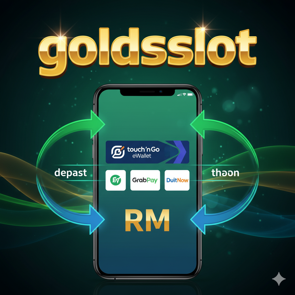 ภาพที่เน้นความได้เปรียบด้าน 'ระบบการเงิน' และการรองรับตลาดมาเลเซีย แสดงภาพหน้าจอโทรศัพท์มือถือที่มีโลโก้ e-Wallet ยอดนิยมของมาเลเซีย เช่น Touch 'n Go eWallet, GrabPay, DuitNow พร้อมสัญลักษณ์สกุลเงิน RM ที่เด่นชัด มีลูกศรแสดงการทำธุรกรรม (ฝาก-ถอน) ที่รวดเร็วและราบรื่น (Speed Line) เข้า-ออกจากหน้าจอโทรศัพท์ไปยังโลโก้ goldsslot ในพื้นหลัง การใช้สีเขียว/น้ำเงินของ e-Wallet ผสมกับสีทองของ goldsslot ช่วยสื่อถึงความสะดวกสบายและประสิทธิภาพทางการเงิน.