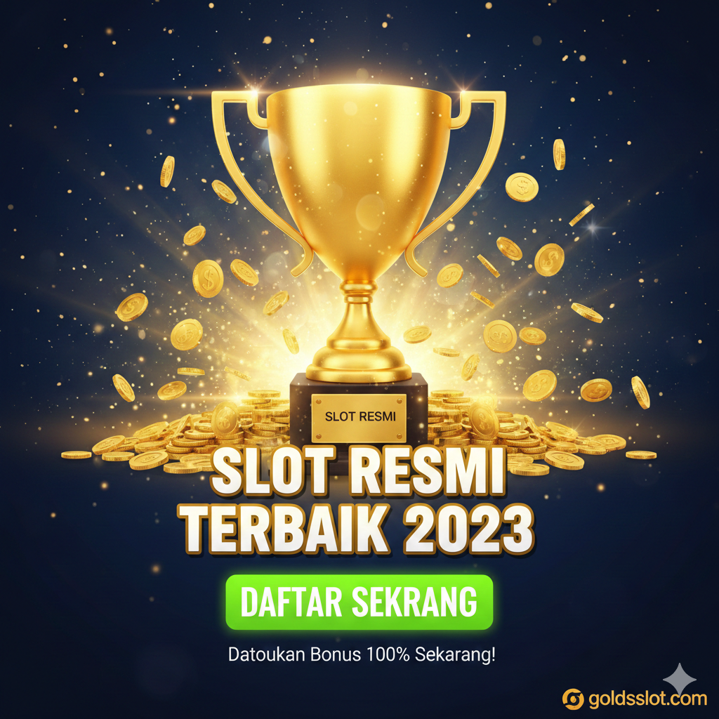 Gambar rangkuman yang berfungsi sebagai ajakan bertindak (CTA) akhir. Tampilkan sebuah piala besar atau podium kemenangan yang dikelilingi oleh koin dan cahaya kemuliaan. Di dasar piala, teks 'SLOT RESMI TERBAIK 2023' harus sangat menonjol. Sertakan tombol besar virtual dengan teks 'DAFTAR SEKARANG' dalam warna kontras (misalnya hijau neon) untuk memancing klik. Gaya gambar harus optimis, berorientasi pada kemenangan, dan meyakinkan, berfungsi sebagai penutup persuasif yang mendorong pengguna untuk segera bergabung dan mendapatkan Bonus 100%.