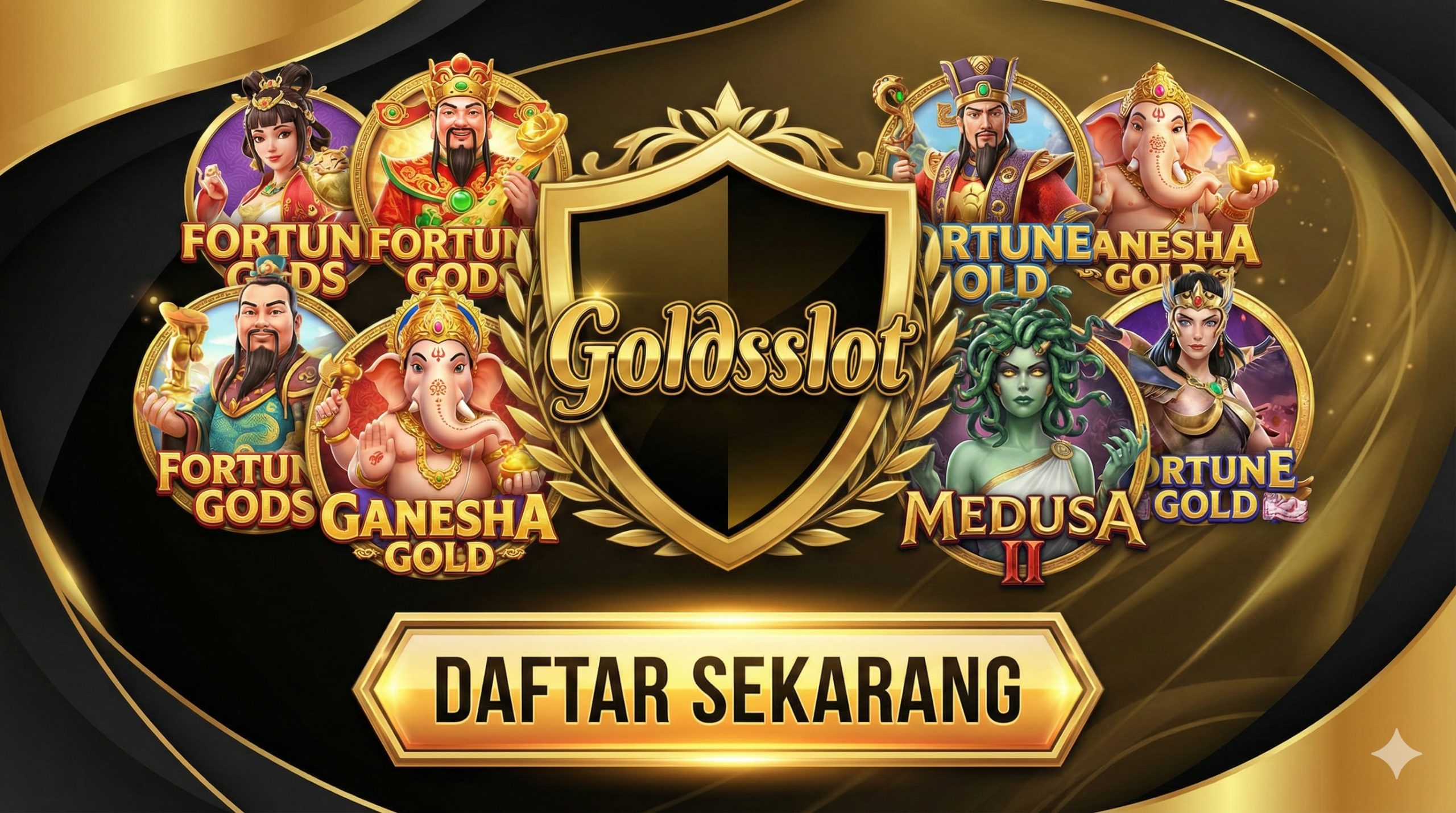 Desain banner penutup yang menampilkan logo resmi Goldsslot di tengah perisai emas yang melambangkan keamanan dan kepercayaan. Dikelilingi oleh kolase karakter PG Soft populer dalam kualitas render tinggi tanpa latar belakang (style PNG). Terdapat tombol visual bertuliskan 'Daftar Sekarang' yang mencolok di bagian bawah. Latar belakang menggunakan gradasi warna emas mewah dan hitam, memberikan kesan eksklusif dan mengundang pemain untuk segera bergabung.