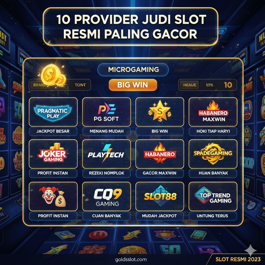Visualisasi yang menyoroti fitur utama, yaitu kumpulan 10 provider Gacor. Gambar harus berbentuk kolase atau papan skor digital (scoreboard) berlatar belakang antarmuka game slot. Tampilkan logo-logo provider terkemuka seperti Pragmatic Play, PG Soft, dan Microgaming dengan ikon kemenangan besar (Big Win atau Jackpot) di dekatnya. Gunakan palet warna cerah, kontras dengan latar belakang, menekankan kecepatan dan kemudahan akses. Sebuah panel transparan menampilkan teks '10 Provider Judi Slot Resmi Paling Gacor' di bagian atas, memastikan fokus pada legalitas dan tingkat kemenangan tinggi.