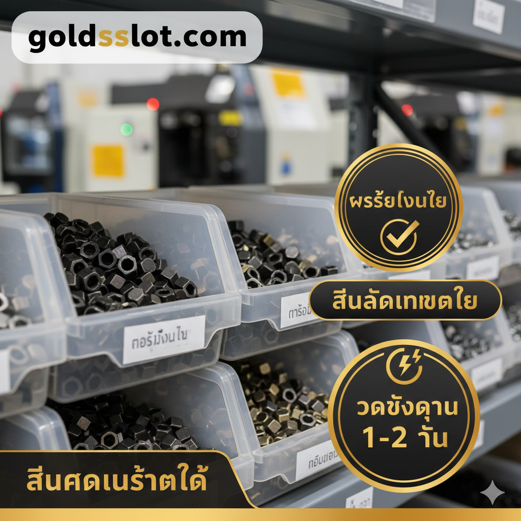 ภาพโฆษณาเชิงพาณิชย์ที่เน้นข้อได้เปรียบในการซื้อที่ goldsslot.com องค์ประกอบหลักคือ T-Slot Nuts M8 ที่จัดเก็บอย่างเรียบร้อยในกล่องเก็บของใส สื่อถึง 'สินค้าในสต็อก' (สินค้าในสต็อก) ภาพซ้อนทับด้วยไอคอนหรือป้ายภาษาไทยที่ชัดเจน เช่น 'พร้อมส่งในไทย' (พร้อมส่งในไทย) และ 'จัดส่งด่วน 1-2 วัน' (จัดส่งด่วน 1-2 วัน) โทนสีควรสอดคล้องกับแบรนด์ goldsslot.com (เช่น สีทองและสีดำ) สื่อถึงภาพลักษณ์ที่เป็นมืออาชีพ น่าเชื่อถือ และรวดเร็ว