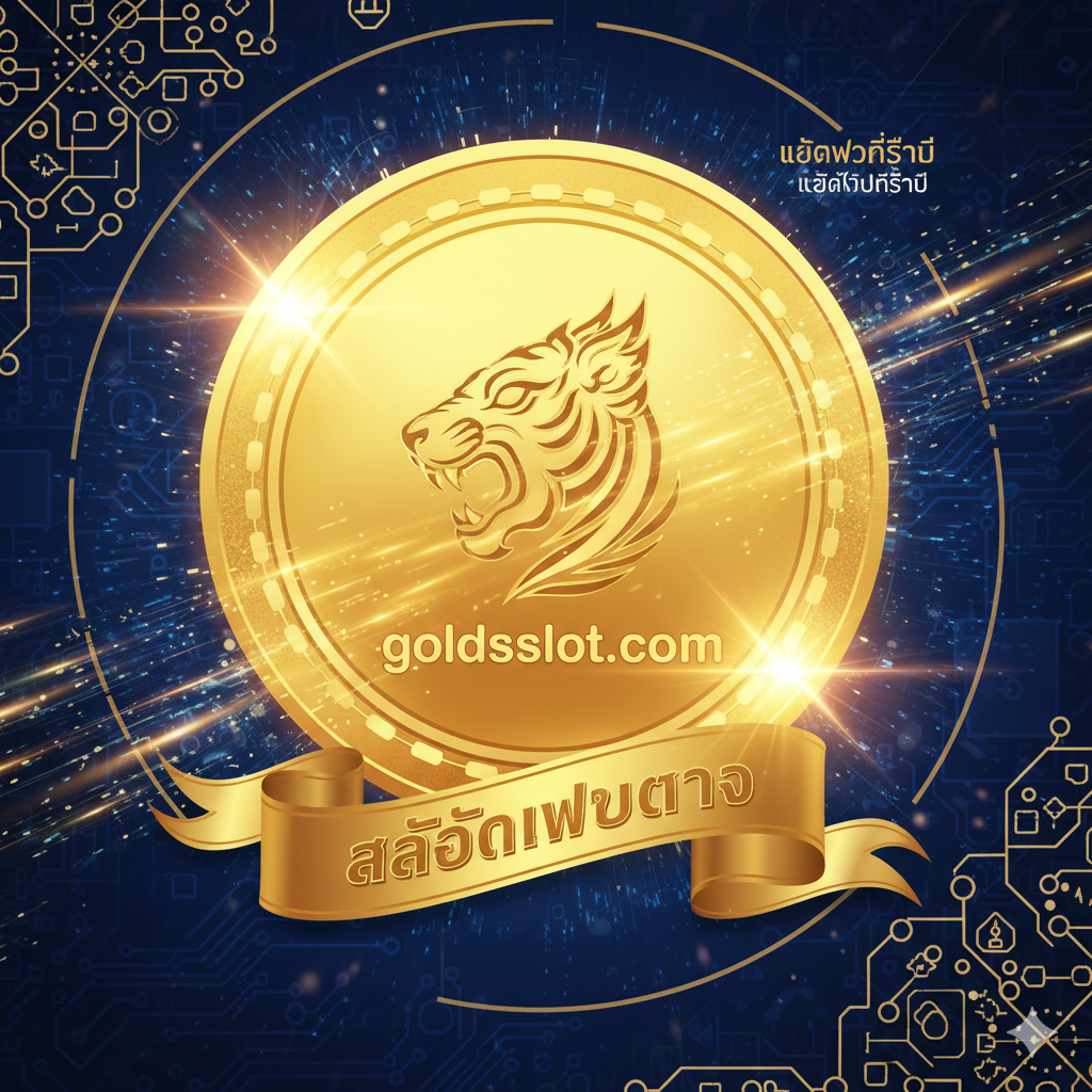 ออกแบบ一张高冲击力的文章封面图，主题为'สล็อตเว็บตรง goldsslot' (Goldsslot Direct Web Slot)。图片采用泰式金色และ奢华的深蓝色调，营造出高端和信任感。主体构图为一枚巨大的闪耀金币，上面刻有'goldsslot'字样或一个醒目的老虎机符号（🎰）。背景是快速滚动的数字或光速线条，象征着'โหลดไวที่สุด'（最快加载速度）和自动存取款系统。光线集中在老虎机/金币上，强调มั่นคง ปลอดภัย และความเร็ว (稳定、安全、速度)的品牌承诺。