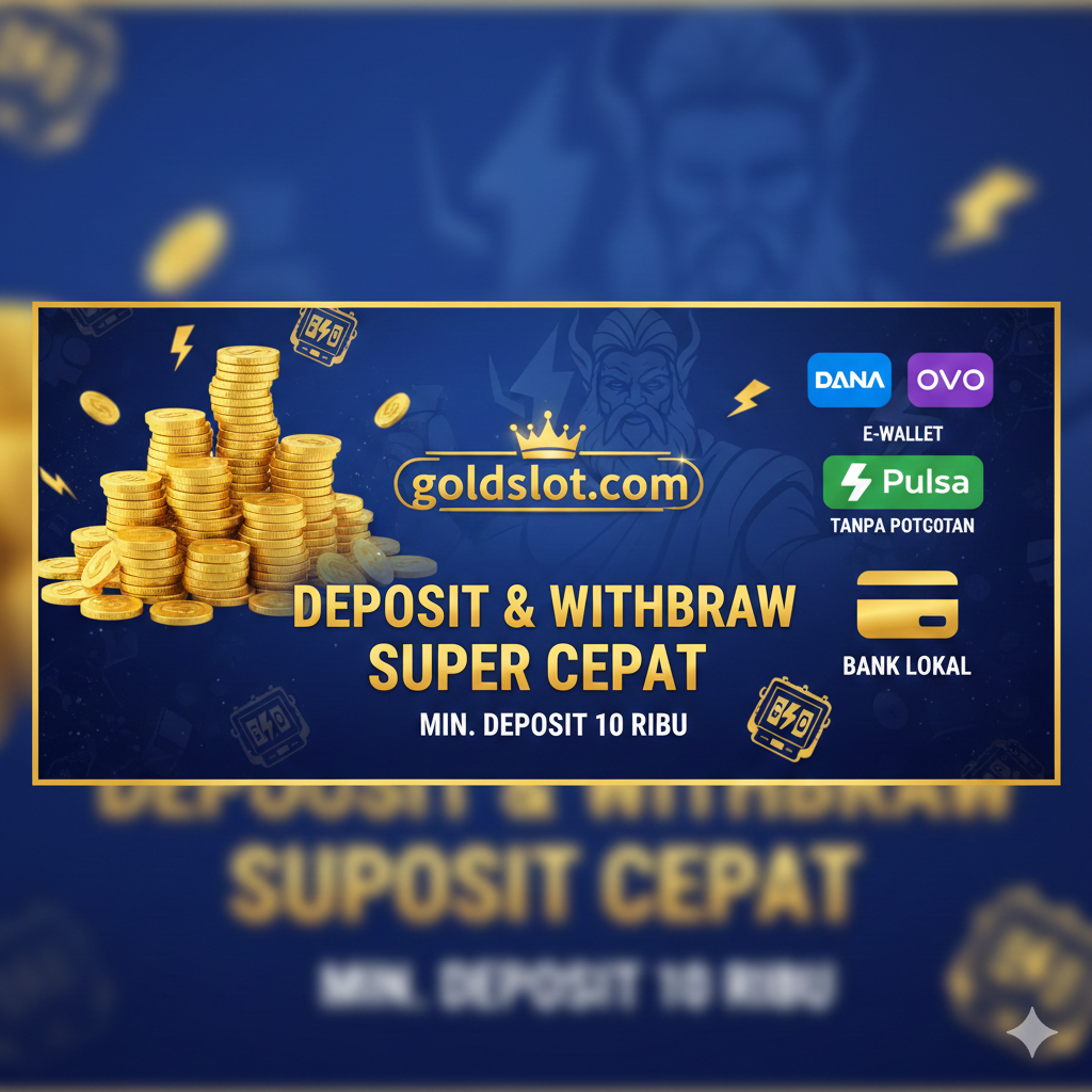 Sebuah infografis yang menyoroti keunggulan goldsslot.com. Tampilkan tumpukan koin emas di satu sisi dan berbagai ikon metode pembayaran di sisi lain. Ikon-ikon tersebut harus mencakup logo E-Wallet (DANA, OVO), Pulsa (dengan keterangan 'Tanpa Potongan'), dan Bank Lokal. Di tengah, letakkan logo goldsslot.com yang elegan. Gunakan warna biru royal dan emas untuk menunjukkan kepercayaan dan kualitas layanan. Sertakan teks kunci seperti 'DEPOSIT & WITHDRAW SUPER CEPAT' dan 'MIN. DEPOSIT 10 RIBU' dengan font tebal untuk penekanan.