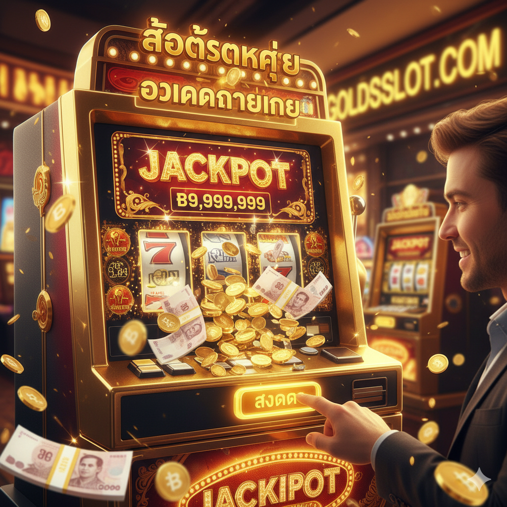 总结图,用于激励用户'คว้าโบนัสต้อนรับสุดพิเศษ'。图片应充满胜利和财富感,采用暖色调(金色、红色)。主要元素是一台经典的老虎机(slot machine),其屏幕上正在显示巨大的'JACKPOT'字样或一串令人兴奋的中奖数字。大量金币和纸钞(泰铢符号)从老虎机中喷涌而出,一名面带笑容的玩家(或一只手)正准备点击'สมัคร'按钮或拿起奖金。强调สล็อตแตกง่าย和โอกาสทำเงิน的主题。