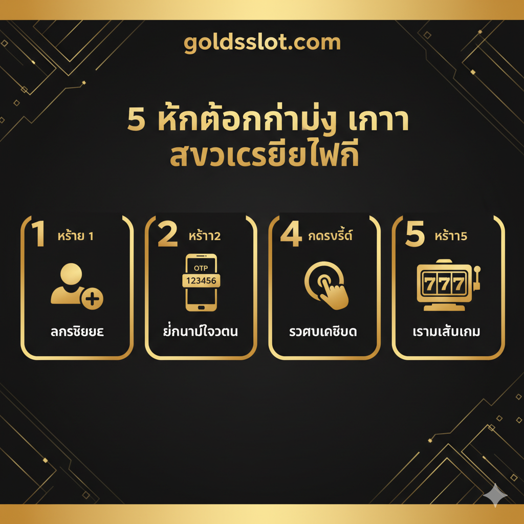 ภาพอินโฟกราฟิกแบบ 5 ขั้นตอน (Step-by-Step) สำหรับส่วน '5 ขั้นตอนง่ายๆ ในการ Claim Free Credit' ใช้สีสันสดใสแต่ยังคงเป็นมิตรกับแบรนด์ goldsslot (ทอง/ดำ) แต่ละขั้นตอนถูกแสดงด้วยไอคอนและตัวเลขขนาดใหญ่: 1. ลงทะเบียน (รูปคน+เครื่องหมายบวก), 2. ยืนยันตัวตน (รูปโทรศัพท์มือถือ+รหัส OTP), 3. กด Claim (รูปปุ่มกด/นิ้วจิ้ม), 4. รอเครดิต (รูปนาฬิกาทราย/นาฬิกา), 5. เริ่มเล่น (รูปเครื่องสล็อต) จัดวางไอคอนในแนวตั้งหรือแนวนอนที่ชัดเจน เพื่อให้ง่ายต่อการอ่านและปฏิบัติตาม.