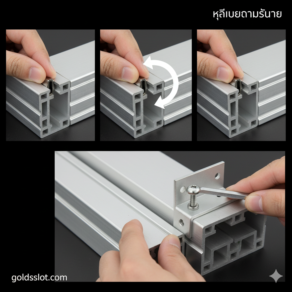 ภาพประกอบการติดตั้งทีละขั้นตอน แบ่งออกเป็นสามเฟรม เฟรมแรก: แสดง Drop-in/Hammer Nut M8 T-Slot Nut ที่ถูกใส่เข้าไปใน T-Slot ของอลูมิเนียมโปรไฟล์ 40 Series เฟรมที่สอง: แสดงน็อตที่ถูกหมุน 90 องศาเพื่อล็อค (มีลูกศรเวกเตอร์แสดงทิศทางการหมุน) เฟรมที่สาม: แสดงวิธีการใช้สกรูหัวกลม M8 (Button Head Screw) และประแจหกเหลี่ยม (Allen key) ยึด Angle Bracket เข้ากับน็อตที่ถูกล็อคแล้ว สไตล์การถ่ายภาพชัดเจน เน้นปฏิสัมพันธ์ระหว่างมือ เครื่องมือ และส่วนประกอบ