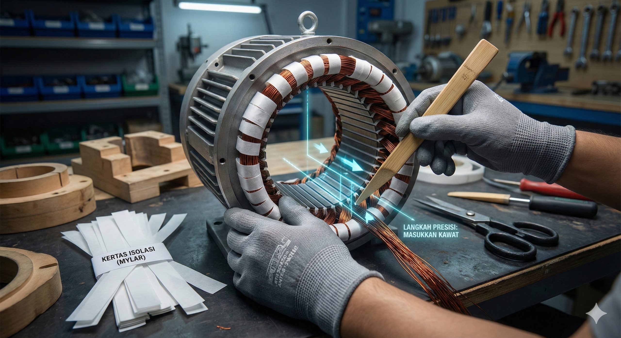 Foto praktikal dari sudut pandang orang pertama (POV). Sepasang tangan mengenakan sarung tangan pelindung sedang menggunakan alat pendorong kawat bambu untuk memasukkan kawat berenamel ke dalam slot stator yang telah diisolasi. Cahaya fokus pada area kerja yang rapi, menunjukkan peralatan seperti kertas isolasi dan mal kawat, menggarisbawahi pentingnya presisi dalam proses ini.