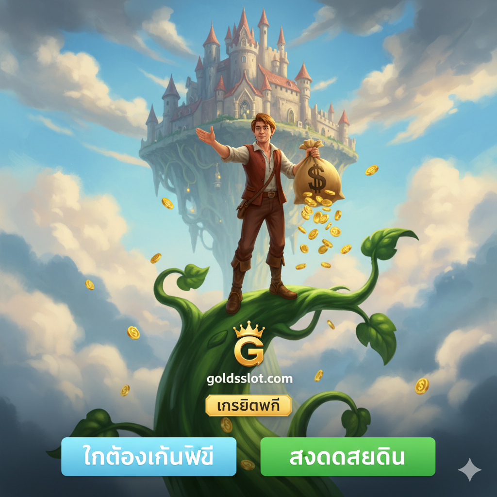 ภาพสรุปและปิดท้ายที่เน้นการเชิญชวนให้เล่นที่ goldsslot.com แสดงภาพ Jack ยืนอยู่บนต้นถั่วพร้อมโบกมือเชิญชวน หรือกำลังถือถุงเงินก้อนใหญ่ ด้านล่างมีปุ่มหรือข้อความที่เน้นคำว่า 'ทดลองเล่นฟรี (Demo)' และ 'สมัครสมาชิก' พร้อมโลโก้ goldsslot.com และข้อความโปรโมชั่น เช่น 'เครดิตฟรี' จัดวางองค์ประกอบให้ดูน่าเชื่อถือและเป็นมิตรด้วยโทนสีที่อบอุ่นและเชื้อเชิญ