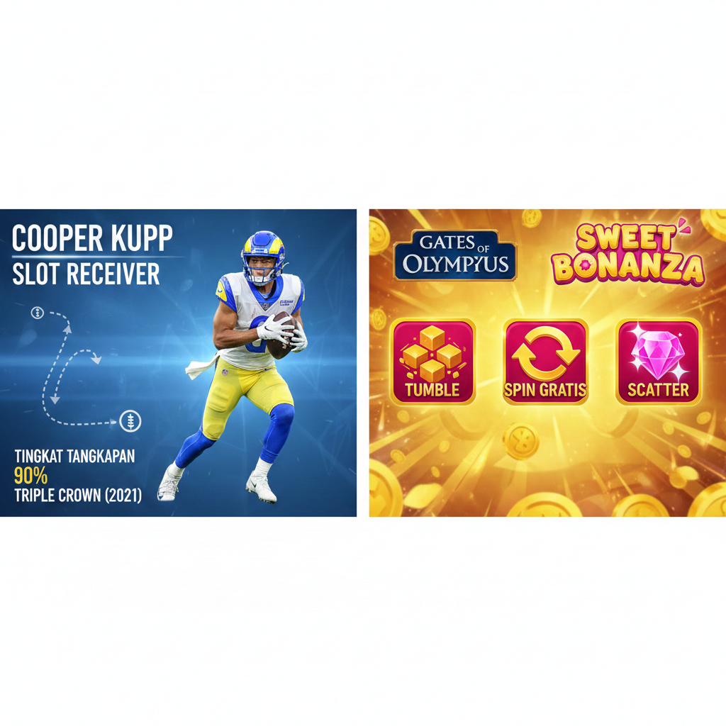 Gambar fungsional yang menyoroti keunggulan Cooper Kupp sebagai 'Slot Receiver' dan fitur kunci dari game 'Slot Gacor'. Bagi gambar menjadi dua panel informasi. Panel kiri menampilkan Cooper Kupp dengan overlay grafis statistik (misalnya, '90% Catch Rate' atau 'Triple Crown') dan skema rute (route running) khas slot receiver. Panel kanan menampilkan ikon-ikon fitur slot terbaik dari Pragmatic Play (misalnya, ikon Tumble, Free Spins, dan Scatter) dan logo 'Gates of Olympus' atau 'Sweet Bonanza'. Gunakan warna biru/putih untuk sisi football (analitis) dan warna cerah/emas untuk sisi slot (kekayaan). Desain harus bersih, informatif, dan mudah dibaca.