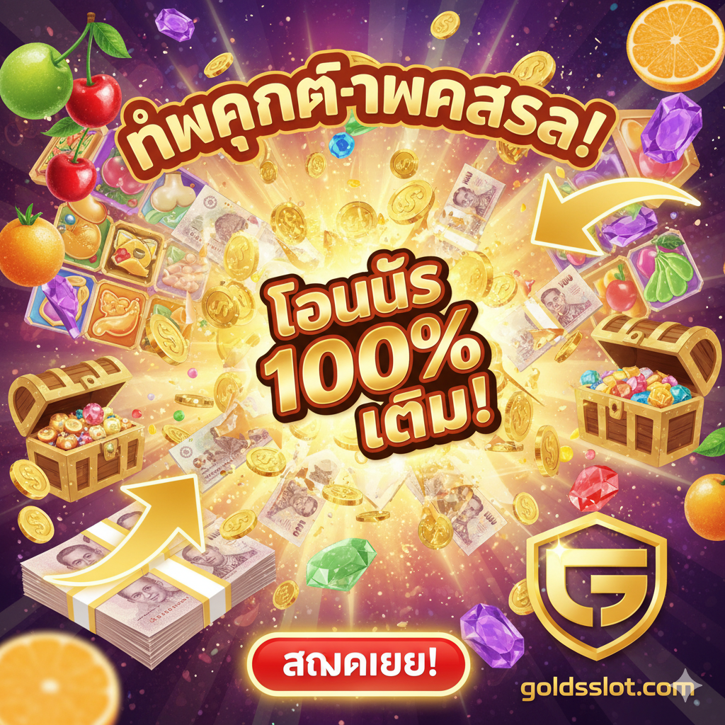 总结图，重点突出'โบนัส' (Bonus) 和'ทำกำไร' (Profit/Make Money)。图片核心应为一个爆炸性的促销元素，如堆积如山的金币、一张大额支票或一个带有闪烁光芒的'BONUS 100%'文字。背景可融入一些受欢迎游戏的元素（如水果/糖果/财宝），并以箭头指向'goldsslot.com'的标志或域名。整体色调鲜艳、充满活力，营造出机会和财富的强烈吸引力，促使用户立即点击'สมัคร'。