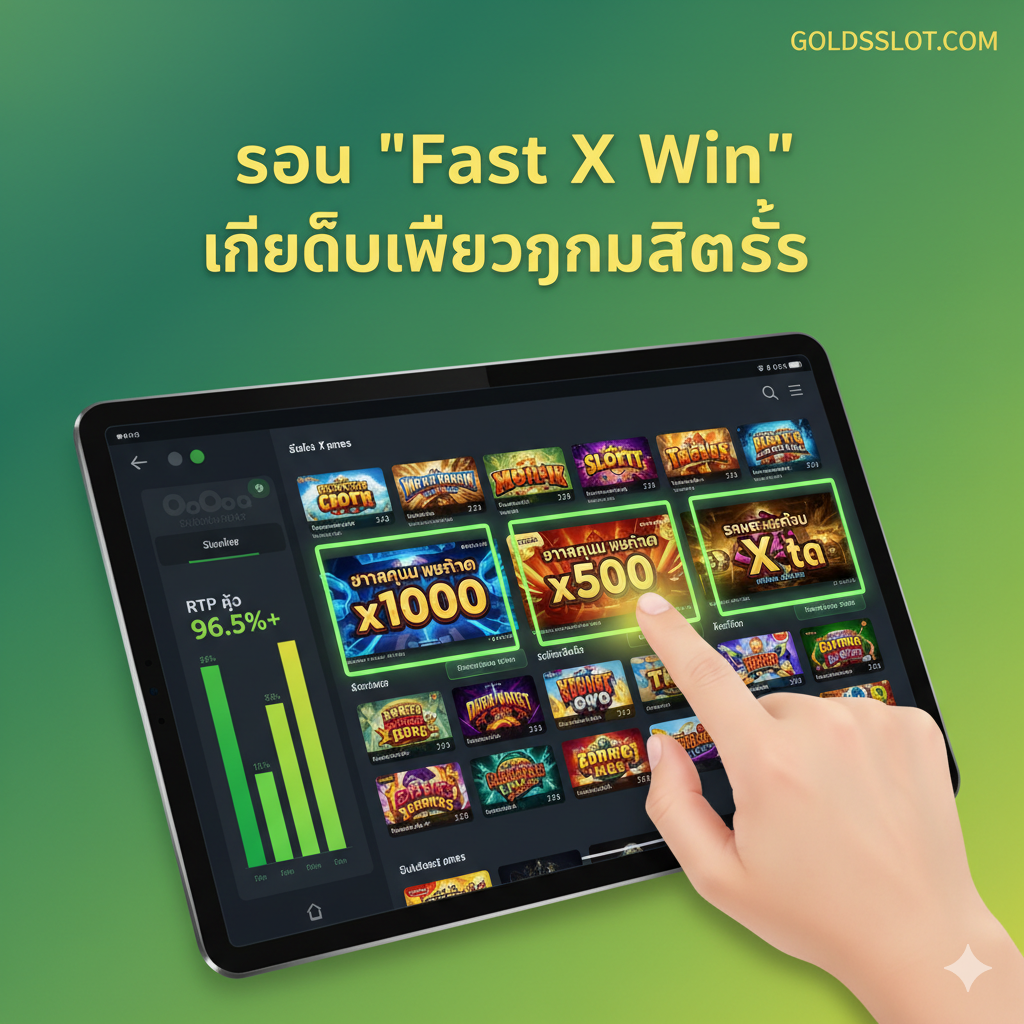 ภาพสำหรับโซน 'Fast X Win Zone' และเคล็ดลับการเลือกเกม นำเสนอภาพของหน้าจอเลือกเกมสล็อตที่กำลังไฮไลท์เกมที่มีตัวคูณสูง (เช่น x1000, x5000) พร้อมมีป้ายกำกับ 'High Volatility' และ 'Max Win X' ที่โดดเด่น จัดองค์ประกอบให้มีมือที่กำลังแตะหรือเลือกเกมเหล่านั้นบนแท็บเล็ตหรือคอมพิวเตอร์ มีกราฟแท่งแสดงค่า RTP สูงอยู่ด้านข้าง เน้นการใช้สีเขียวและสีเหลืองเพื่อสื่อถึงการทำกำไรและคำแนะนำที่ชาญฉลาด