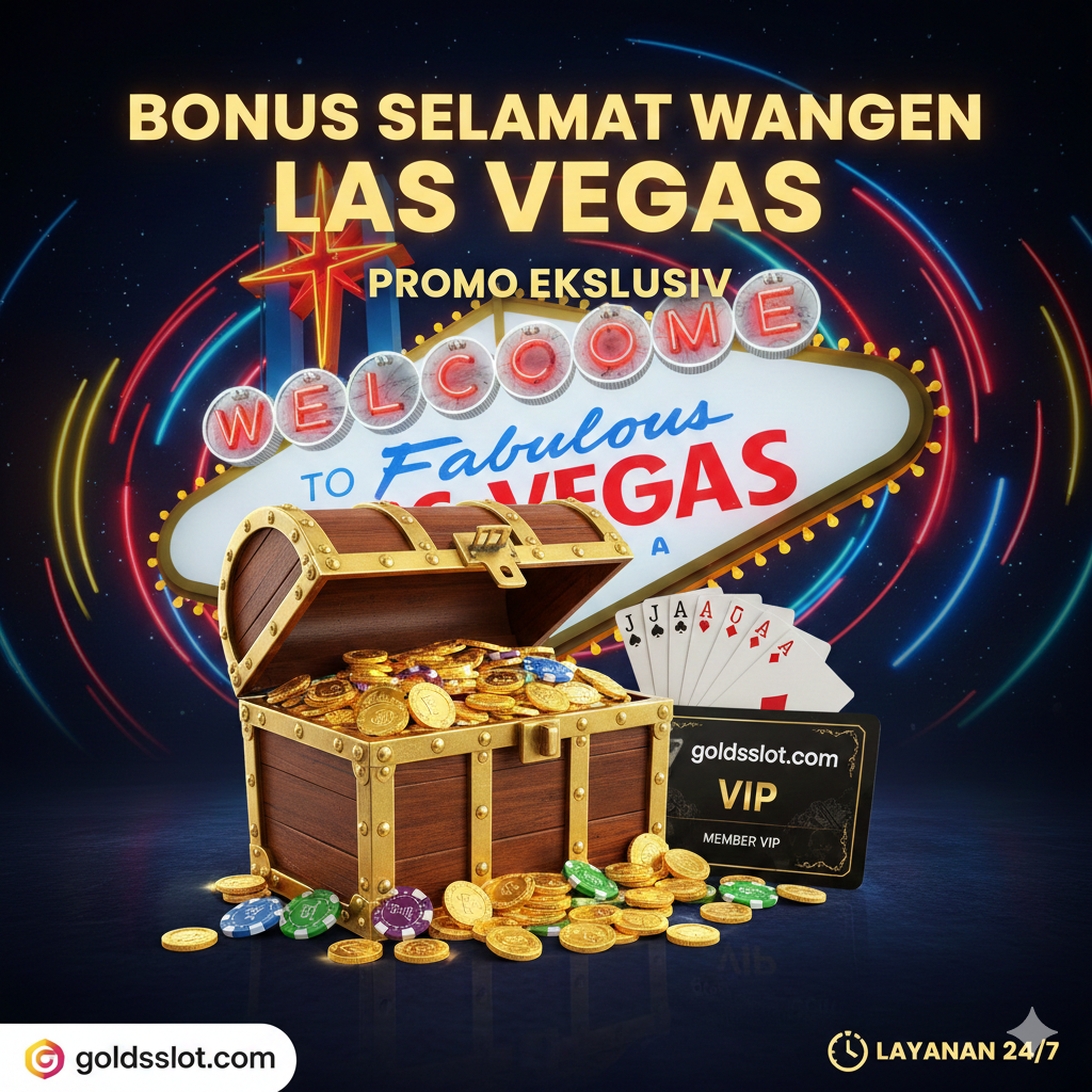 总结（促销和体验）图片。聚焦于“Las Vegas Welcome Bonus”和“Promo Eksklusif”的主题。一个盛满筹码的豪华托盘或宝箱放在中央，旁边是一张VIP会员卡。背景是拉斯维加斯标志性的“Welcome to Fabulous Las Vegas”招牌的抽象霓虹灯效果，色彩鲜艳且充满活力。图片元素应包括金币、扑克牌、和“24/7 Service”的小标志，总结了goldsslot提供的全方位奢华游戏体验、丰厚奖励和不间断服务。