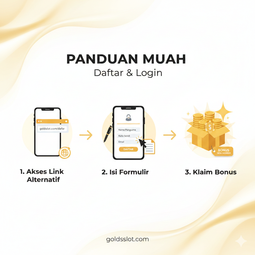 教程（注册和登录）图片。以简洁的流程图形式呈现“Daftar & Login”的步骤。背景是柔和的金色和白色，保证文字清晰可读。主体是三个数字步骤（1. Akses Link Alternatif, 2. Isi Formulir, 3. Klaim Bonus）或图标：一个手机屏幕上展示了注册表单，一个钥匙图标象征登录，和一个金币/筹码堆代表领取奖励。构图清晰、指示性强，强调过程的快速和便捷，突出“Panduan Mudah”。