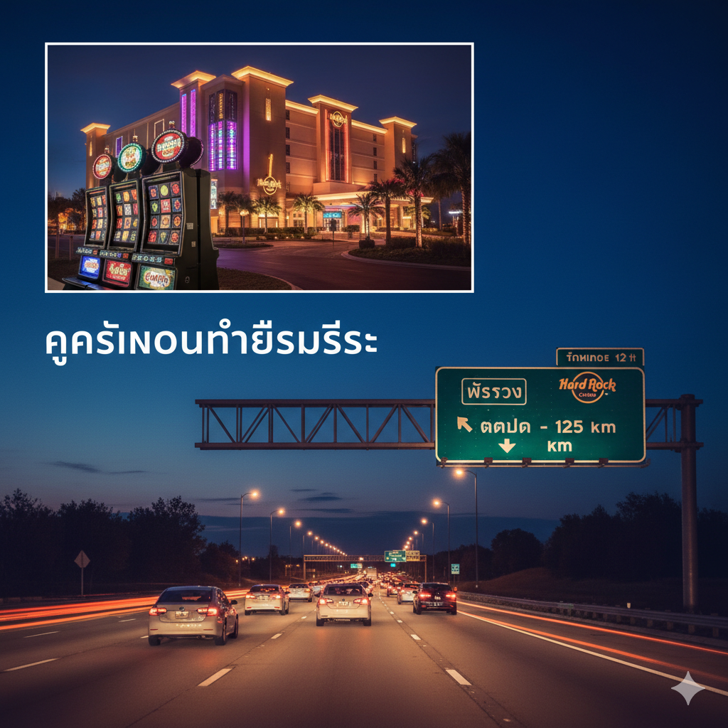 ภาพประกอบสำหรับส่วน 'ทางเลือกที่ถูกกฎหมาย 1: คาสิโนบนบกที่ใกล้ที่สุด' โดยเน้นไปที่สถานที่จริงที่ใกล้ที่สุด ให้ภาพทางด่วนหรือถนนที่มีรถวิ่งอยู่พร้อมป้ายบอกทางที่ระบุ 'Tampa - 78 Miles' หรือ 'Seminole Hard Rock Casino' ควบคู่กับภาพเล็กๆ ของอาคารคาสิโน Hard Rock ที่มีไฟสว่างไสวในเวลากลางคืน หรือเครื่องสล็อต Class III ที่มีแสงสีสันสดใสอยู่ด้านใน เน้นโทนสีที่ให้ความรู้สึกของการเดินทางและการแสวงหาที่ต้องใช้ความพยายาม (ระยะทาง) แสดงถึงความเป็น 'Closest Casino' ที่ต้องเดินทางออกจาก Orlando