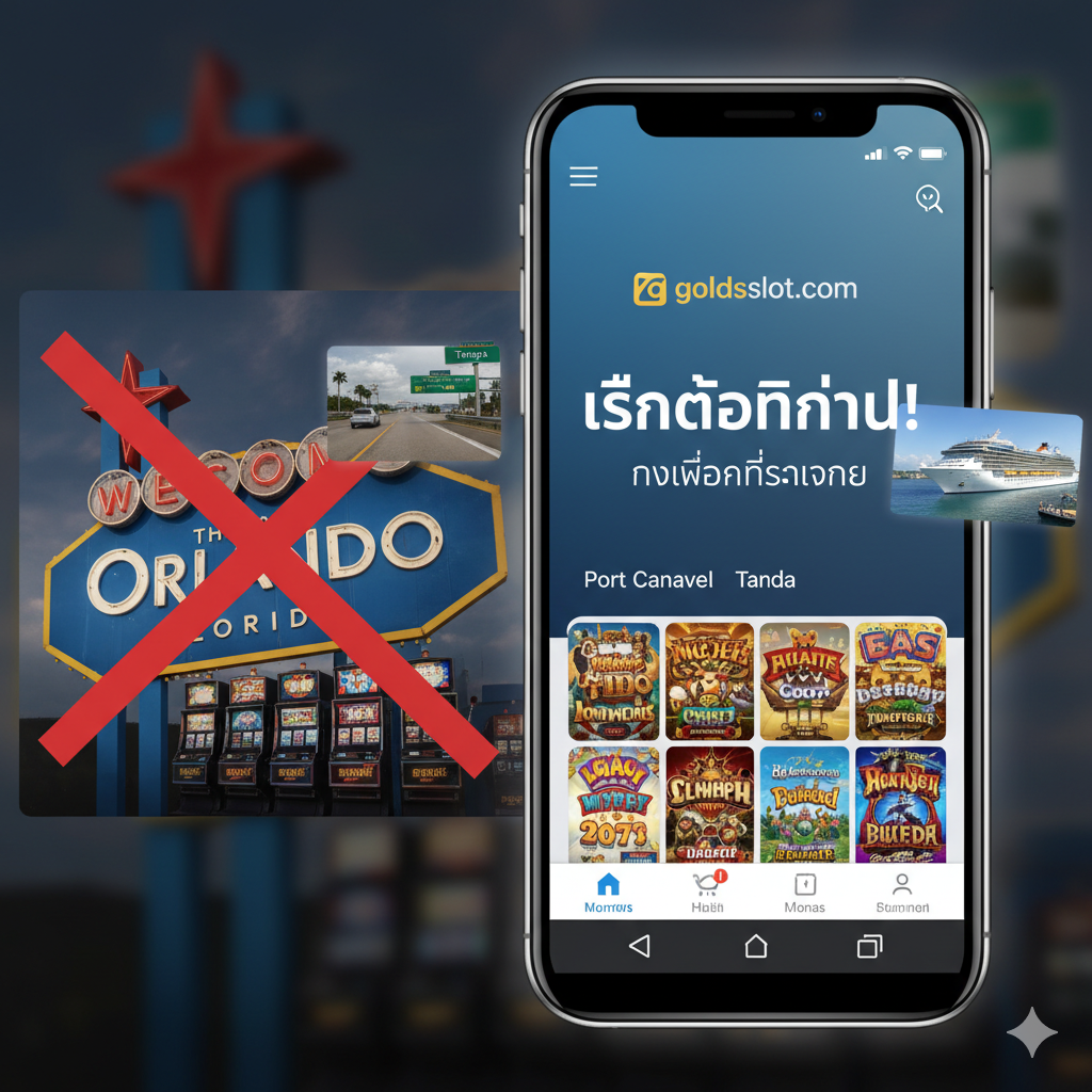 ภาพสรุปและปิดท้าย (Conclusion) ที่เป็นการรวมองค์ประกอบทั้งหมดเข้าด้วยกันอย่างชัดเจนและมีพลัง ภาพควรแบ่งออกเป็นสามส่วนหลักหรือสามเลเยอร์: เลเยอร์ล่าง (ไม่ถูกต้อง): ภาพสลัวๆ ของป้าย 'Welcome to Orlando' ที่มีเครื่องสล็อตถูกกากบาทสีแดงทับ เลเยอร์กลาง (ทางเลือกทางกายภาพ): ภาพเล็กๆ ของรถที่วิ่งไป Tampa และเรือสำราญที่ Port Canaveral เลเยอร์บนสุด (ทางออกที่ดีที่สุด): หน้าจอโทรศัพท์มือถือขนาดใหญ่ที่มีโลโก้ goldsslot.com และคำว่า 'เล่นได้ทันที! / The Smart Choice' เป็นภาษาไทยและอังกฤษ เน้นความชัดเจนว่า 'สล็อตออนไลน์' คือทางเลือกที่ชาญฉลาดและถูกกฎหมายที่สุดในสถานการณ์ของฟลอริดา ใช้โทนสีเข้มแต่มีจุดสว่างที่หน้าจอออนไลน์เพื่อชี้นำสายตาไปยังทางออกที่แนะนำ