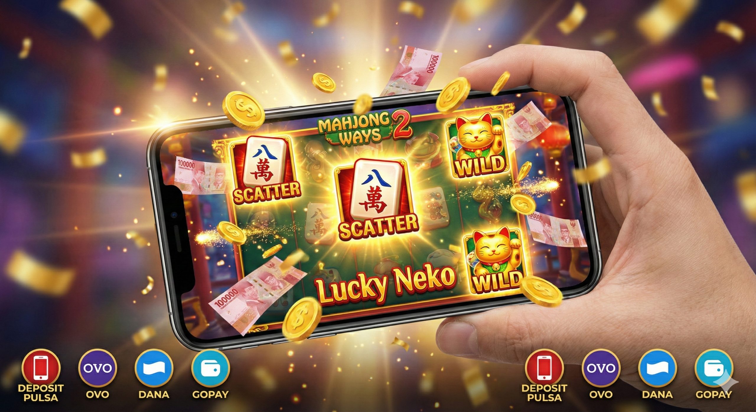 Gambar dinamis yang berfokus pada kemenangan game 'gacor' Mahjong Ways 2 dan Lucky Neko. Layar ponsel menampilkan simbol Scatter merah dan Wild emas yang bersinar terang, dikelilingi oleh efek partikel koin emas dan uang rupiah yang beterbangan keluar dari layar. Di bagian bawah, terdapat ikon-ikon kecil yang mewakili metode deposit pulsa dan E-wallet, menegaskan kemudahan transaksi. Suasana gambar penuh energi, kegembiraan, dan nuansa kemenangan.