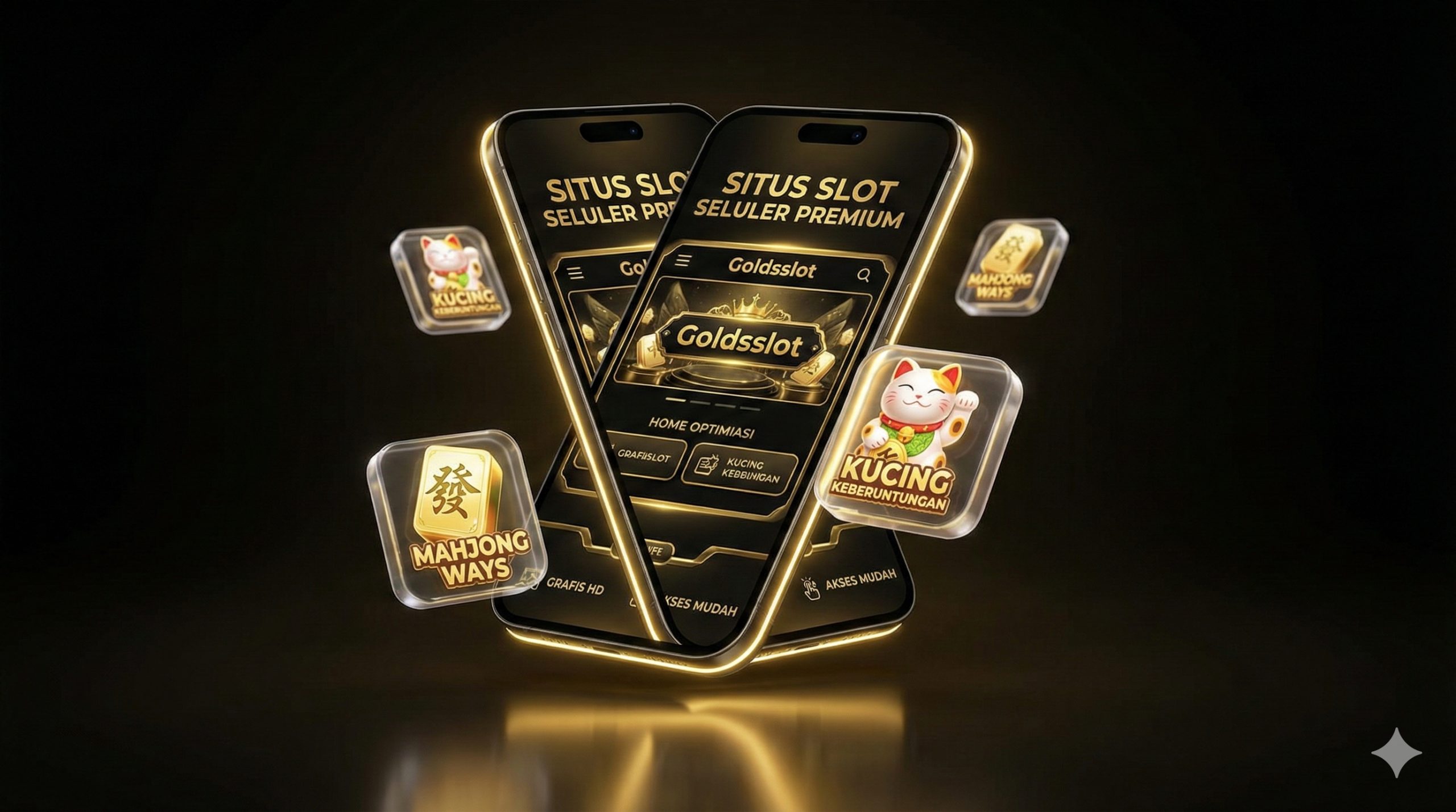 Sebuah smartphone modern dengan layar menyala menampilkan halaman depan situs Goldsslot yang mewah dengan tema warna hitam dan emas. Di sekitar ponsel, melayang ikon-ikon 3D game PG Soft seperti simbol Mahjong dan Kucing Keberuntungan dengan gaya 'PNG transparan' yang memberikan efek pop-out. Pencahayaan neon emas menyoroti kualitas grafis HD pada layar ponsel, menciptakan kesan teknologi tinggi dan aksesibilitas mobile yang premium sesuai dengan branding Goldsslot.