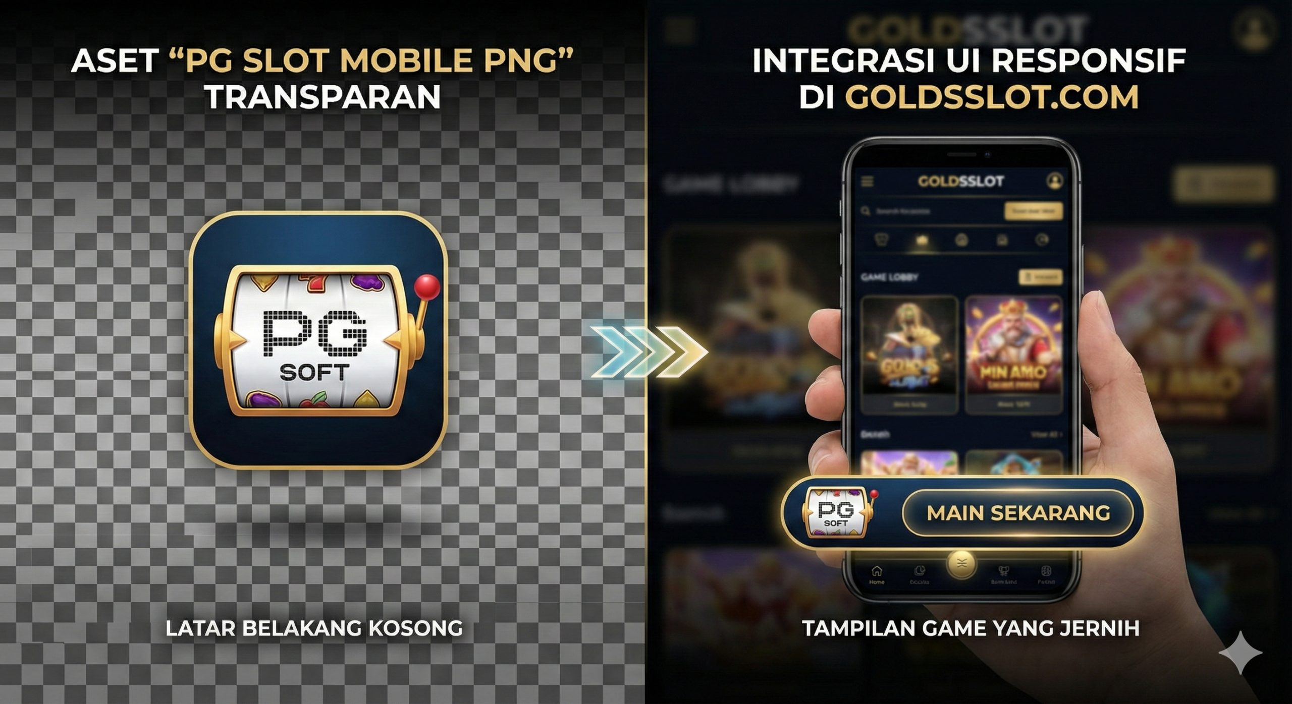 Visualisasi fitur antarmuka pengguna (UI) yang membandingkan aset mentah dengan tampilan dalam game. Sisi kiri menampilkan ikon 'PG Slot mobile png' dengan latar belakang transparan (grid checkerboard) untuk menekankan kualitas clean cut. Sisi kanan menunjukkan ikon tersebut terintegrasi sempurna ke dalam tombol navigasi situs Goldsslot yang responsif. Desain menggunakan estetika minimalis namun elegan, menonjolkan kejelasan visual dan kenyamanan mata bagi pemain.