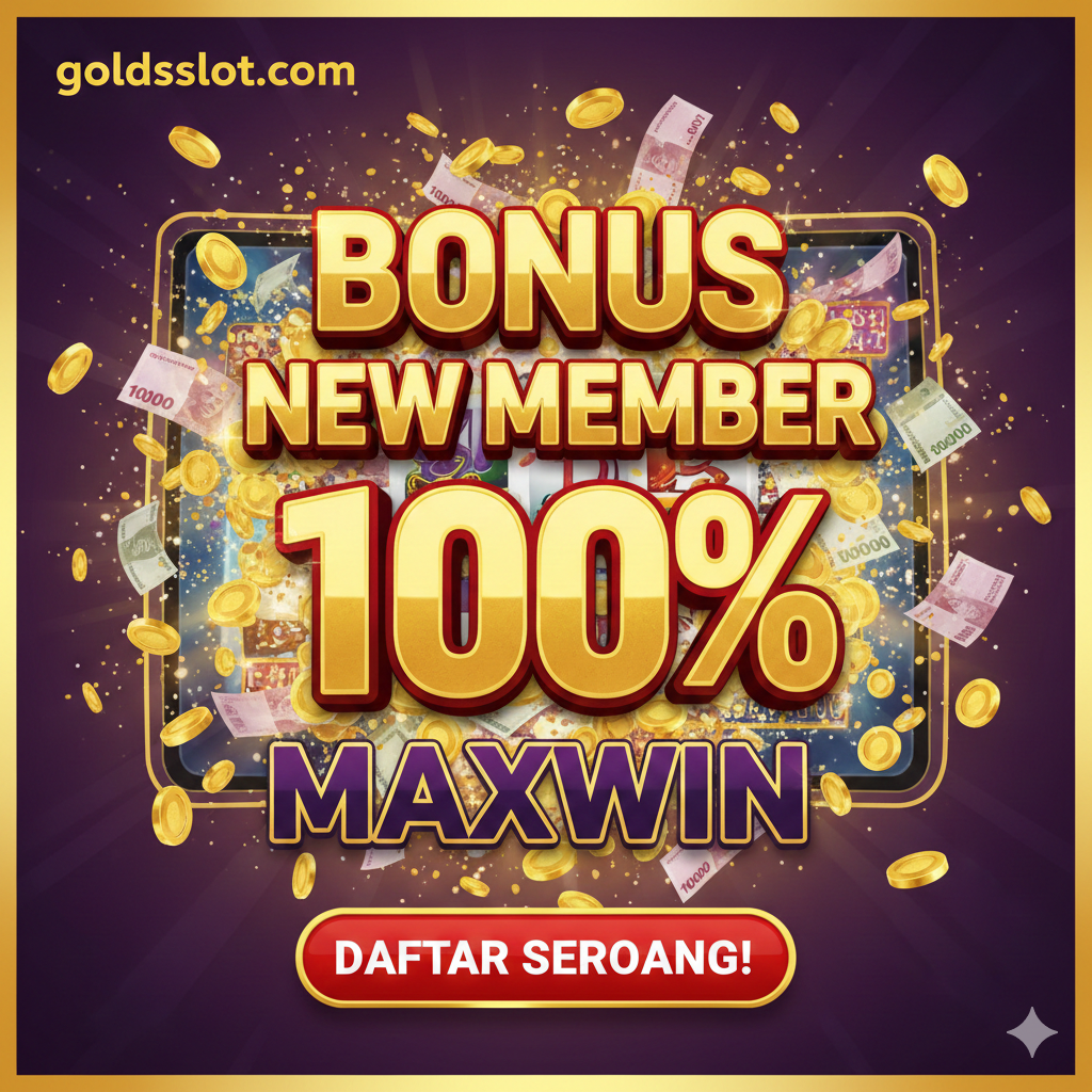 Gambar penutup yang kuat yang menggabungkan janji 'Maxwin' dan 'Bonus New Member'. Tampilkan visual ledakan koin emas atau mata uang rupiah yang melimpah dari layar, dengan fokus pada teks 'Bonus New Member 100%' yang sangat menonjol. Di bawahnya, sertakan tombol Call-to-Action (CTA) yang menarik seperti 'DAFTAR SEKARANG!' atau 'Klaim Bonus Anda'. Gunakan palet warna yang hangat dan menarik (emas, merah, atau ungu tua) untuk membangkitkan perasaan euforia kemenangan dan urgensi tindakan, secara efektif merangkum penawaran eksklusif goldsslot.com.
