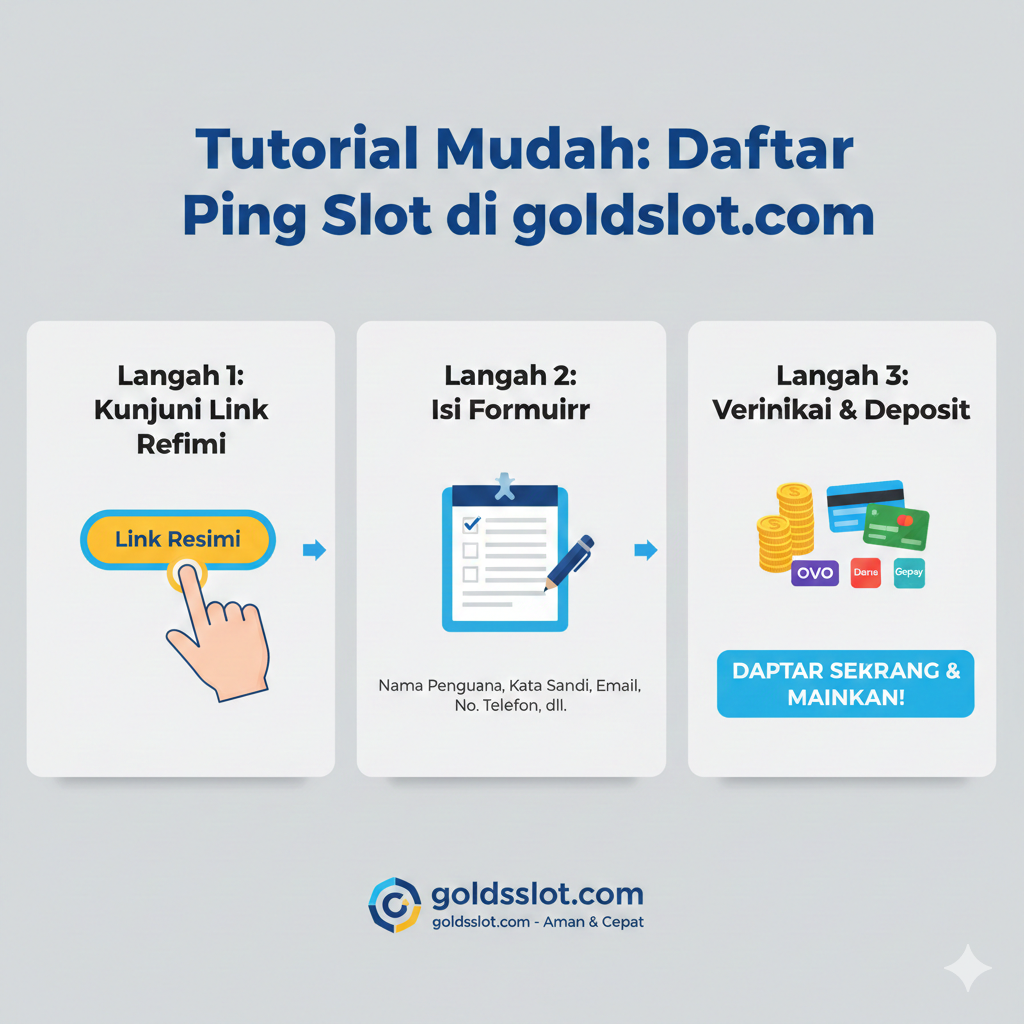 Visual yang menunjukkan langkah-langkah 'Daftar Ping Slot' goldsslot.com yang mudah. Desain harus berupa infografis sederhana yang terbagi menjadi 3 langkah berurutan (1. Kunjungi Link Resmi, 2. Isi Formulir, 3. Verifikasi & Deposit). Gunakan ikon yang jelas untuk setiap langkah: (1) Jari menunjuk pada tautan 'Link Resmi', (2) Formulir pendaftaran dengan pena, dan (3) Tumpukan koin emas atau kartu bank/e-wallet. Latar belakangnya minimalis, mungkin abu-abu muda dengan aksen warna cerah yang mengarah pada tombol 'Daftar Sekarang'. Tujuannya adalah memberikan kesan proses yang cepat, aman, dan tanpa hambatan.