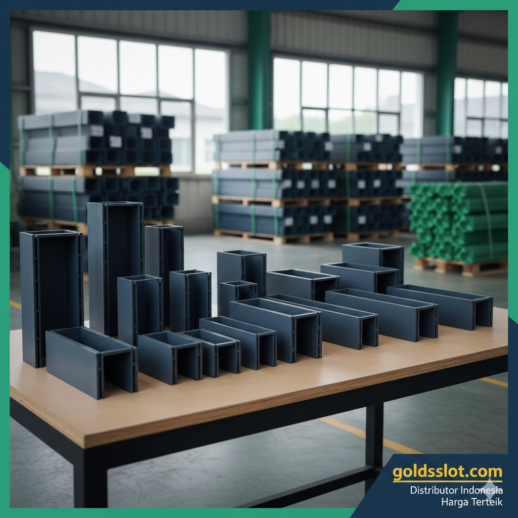 Visual yang berfungsi sebagai ajakan bertindak (CTA) yang profesional. Tampilkan rangkaian produk 'plastic slot drain' dari goldsslot.com (berbagai ukuran/tinggi) yang disusun rapi di atas meja kerja atau gudang yang bersih. Di latar depan, harus ada logo kecil atau nama 'goldsslot.com' dengan penekanan pada 'Distributor Indonesia' dan 'Harga Terbaik'. Tambahkan elemen visual yang menyiratkan ketersediaan (tumpukan unit siap kirim) dan kualitas. Gunakan palet warna biru atau hijau yang memberi kesan terpercaya dan industri.