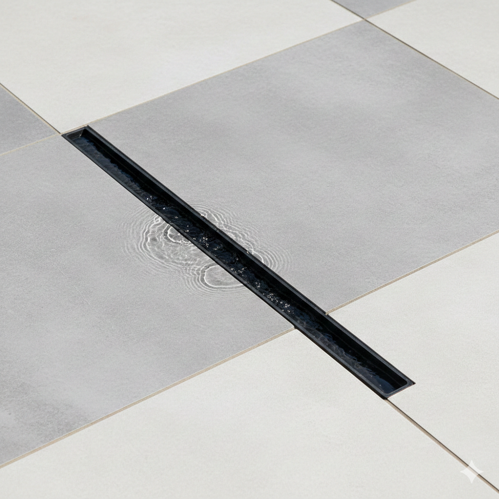 Gambar yang menampilkan keunggulan estetika di tepi kolam renang modern. Tunjukkan area kolam renang minimalis dengan air yang jernih dan ubin tepi kolam yang elegan. 'Plastic slot drain' harus terpasang persis di tepi, hanya memperlihatkan celah tipis yang hampir menyatu dengan ubin. Tidak ada penutup grate tradisional yang mencolok. Gaya harus 'high-end architecture' dengan pencahayaan alami yang lembut, menonjolkan 'clean lines' dan solusi drainase yang anti-klorin. Tujuannya adalah memvisualisasikan keindahan drainase tak terlihat untuk properti mewah.