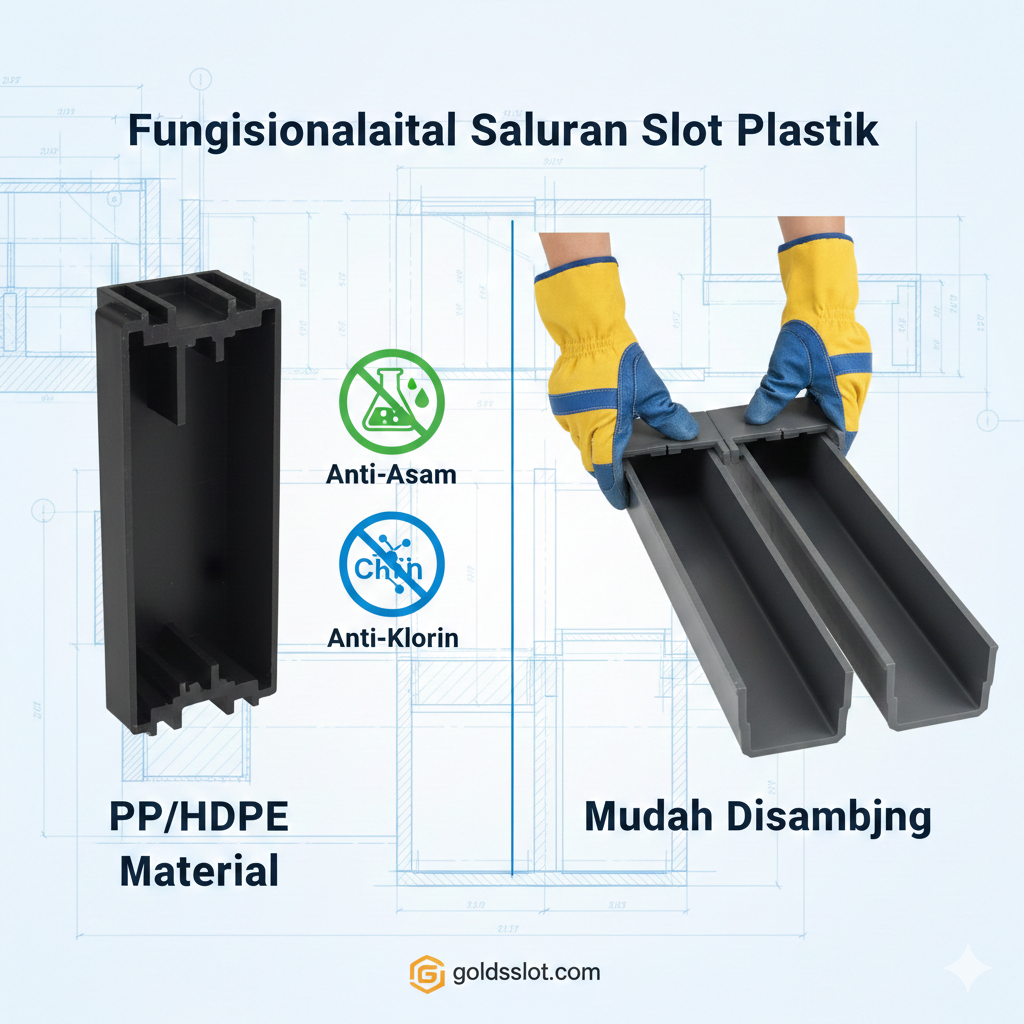 Visual komposit yang menunjukkan dua aspek kunci: durabilitas dan desain modular. Sisi kiri menunjukkan potongan melintang dari 'plastic slot drain' berwarna hitam atau abu-abu gelap dengan simbol tahan korosi (anti-acid, anti-chlorine) di sampingnya. Sisi kanan menunjukkan dua unit saluran plastik yang mudah disambungkan (sistem interlocking atau klik) dengan tangan ber-sarung tangan konstruksi (fokus pada kemudahan instalasi). Latar belakang harus bersih, mungkin berupa skema teknis arsitektur. Gaya harus informatif, seperti infografis produk, dengan teks kunci 'PP/HDPE Material' dan 'Mudah Disambung' yang jelas.
