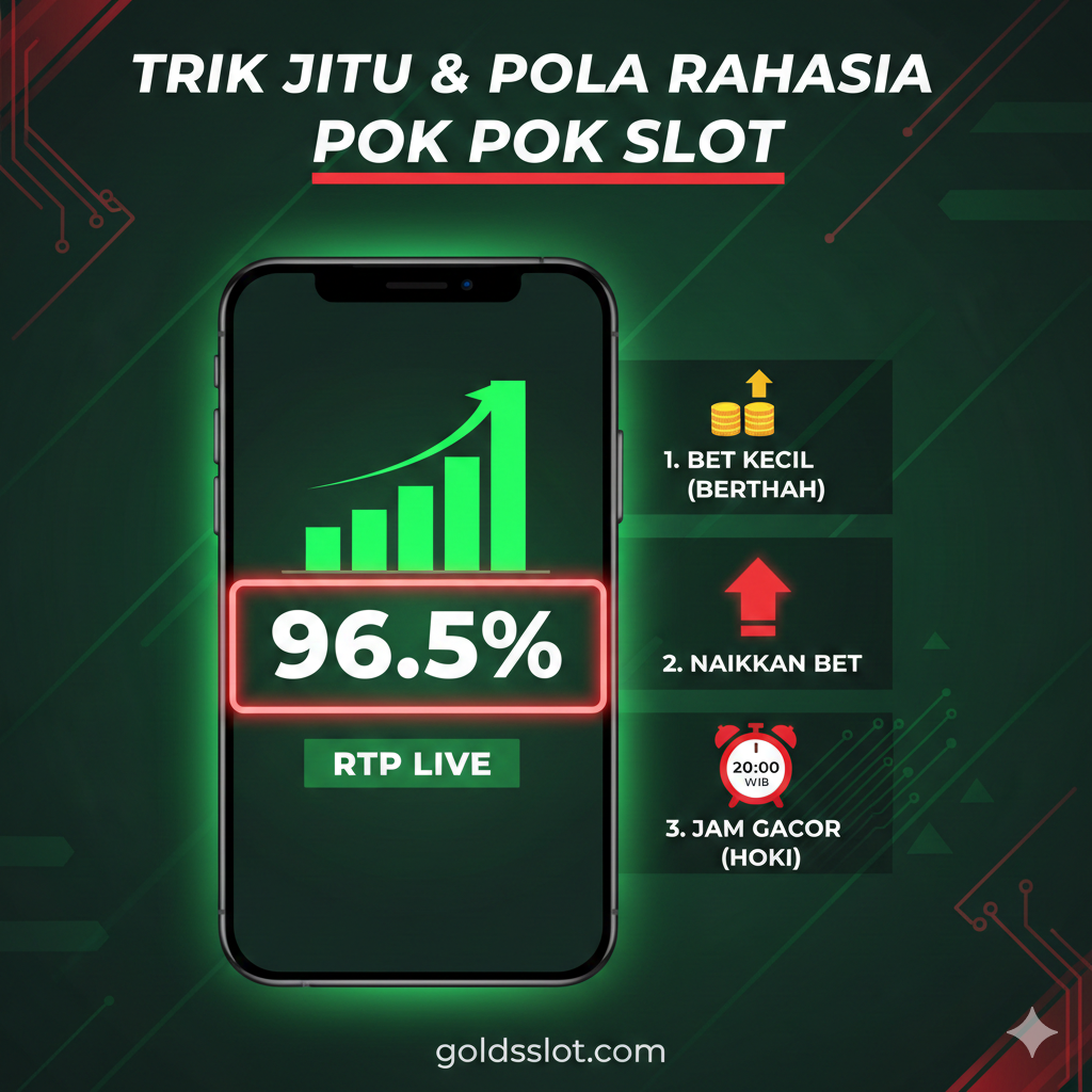 Desain gambar sampul yang menarik dan berenergi tinggi, menampilkan logo 'Goldsslot.com' dengan fokus pada kata kunci 'Pok Pok Slot' dan 'RTP Tertinggi'. Gunakan latar belakang berwarna emas dan merah tua (maroon) yang mewah. Di tengah, tampilkan ikon-ikon slot populer seperti simbol koin emas, petir Zeus (Gates of Olympus), dan permata berkilauan. Komposisi harus dinamis, dengan cahaya yang bersinar dari belakang tulisan 'Pok Pok Slot' untuk memberikan kesan 'gacor' atau mudah menang. Tambahkan tombol 'LOGIN & DAFTAR' yang mencolok di bagian bawah dengan warna kontras.