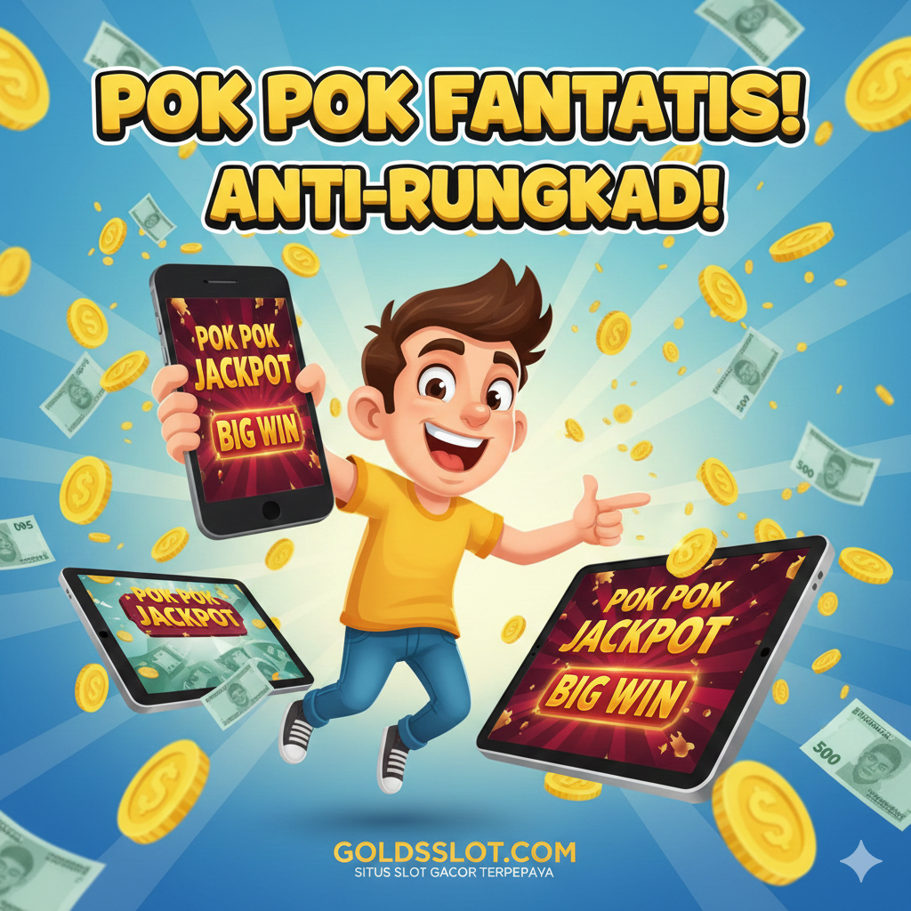 Gambar kemenangan atau jackpot fantastis sebagai rangkuman. Fokus pada seorang pemain yang ceria (bisa berupa siluet atau karakter bergaya kartun/ilustrasi) sedang memegang smartphone atau melihat layar komputer di mana muncul animasi 'BIG WIN' atau 'JACKPOT'. Hujan koin emas dan uang kertas yang bertebaran di latar belakang. Sertakan kata-kata 'POK POK FANTASTIS' atau 'ANTI-RUNGKAD' dalam gaya font yang tebal dan berkesan sukses. Komposisi harus vertikal dan cerah, memberikan kesan hasil akhir yang memuaskan dan menguntungkan.