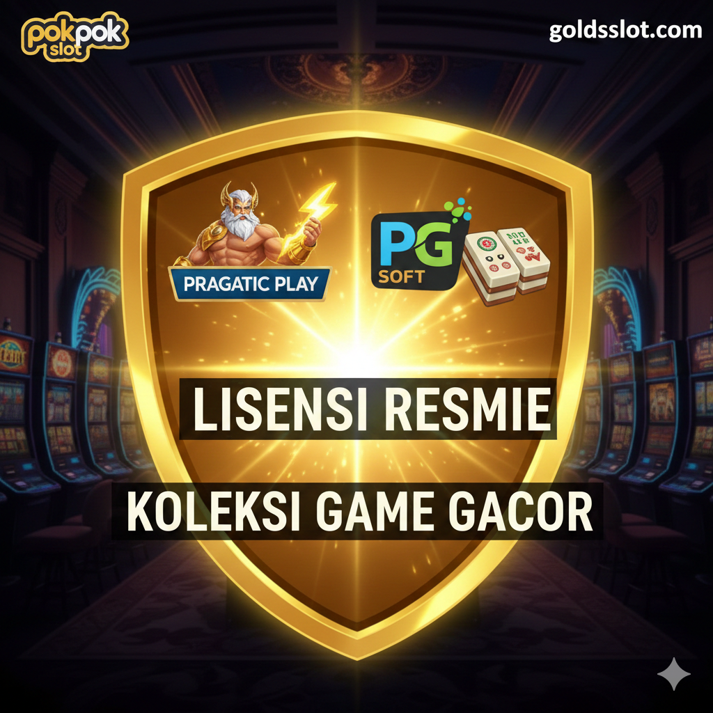 Gambar kolase yang menonjolkan kerjasama dengan provider kelas dunia. Tampilkan logo-logo provider utama seperti 'Pragmatic Play' (dengan maskot Zeus) dan 'PG Soft' (dengan maskot Mahjong Ways) yang diletakkan di atas sebuah perisai emas atau lencana yang bersinar terang. Komposisi harus memberikan kesan lisensi resmi dan keamanan. Latar belakang harus gelap atau bertema kasino untuk menonjolkan logo-logo tersebut, dengan teks kunci 'Koleksi Game Gacor' dan 'Lisensi Resmi' yang jelas dan mudah dibaca.