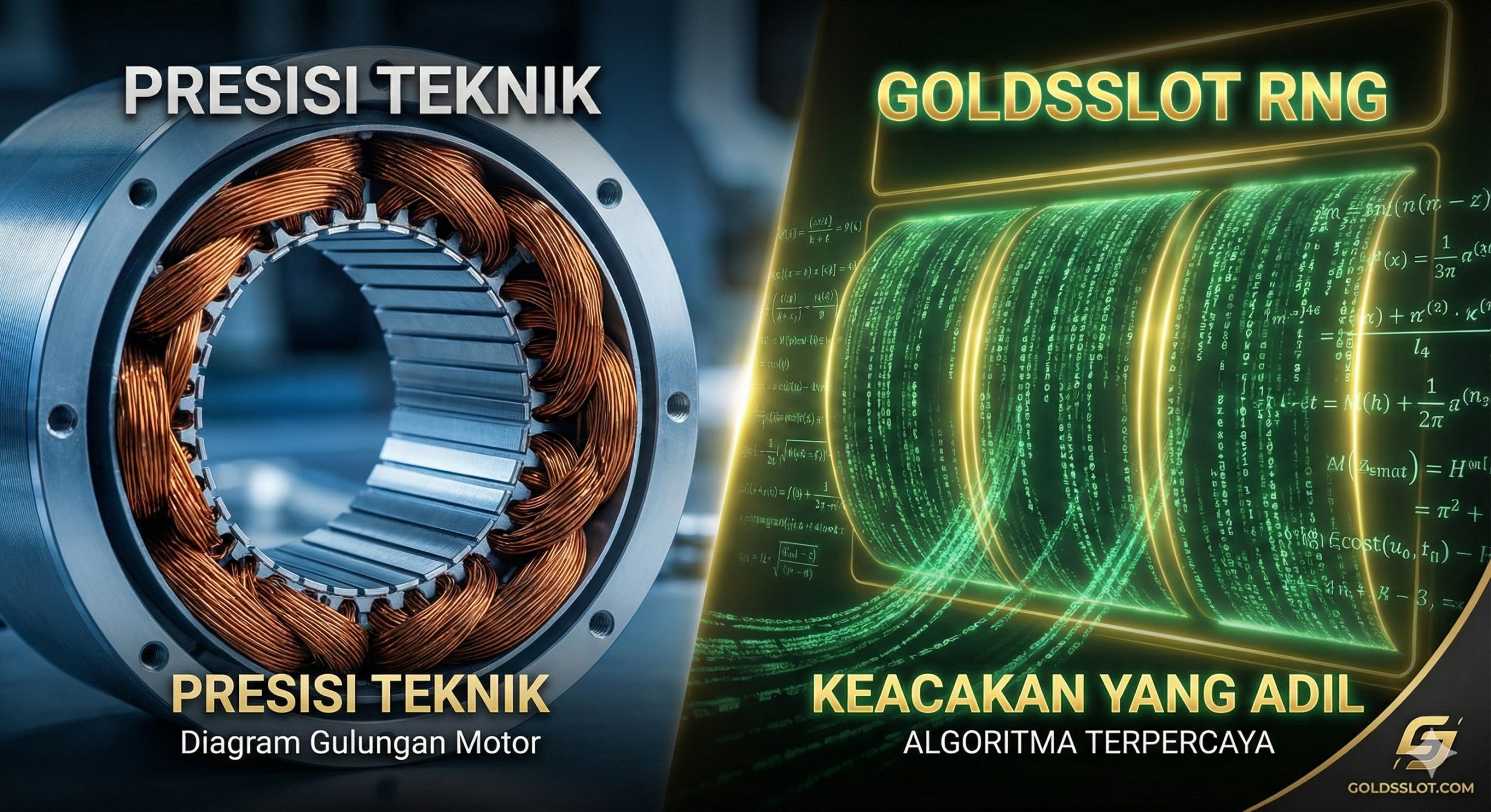 Konsep visual yang menggabungkan presisi teknik dan digital. Di sisi kiri, terlihat susunan sempurna slot stator dan lilitan kawat tembaga, melambangkan akurasi fisik. Gambar bergeser mulus ke sisi kanan, menunjukkan gulungan mesin slot digital yang tersusun dari kode yang bersinar dan formula matematika kompleks (representasi RNG), menunjukkan bahwa presisi matematika tingkat tinggi juga menjadi kunci keadilan di platform Goldsslot.