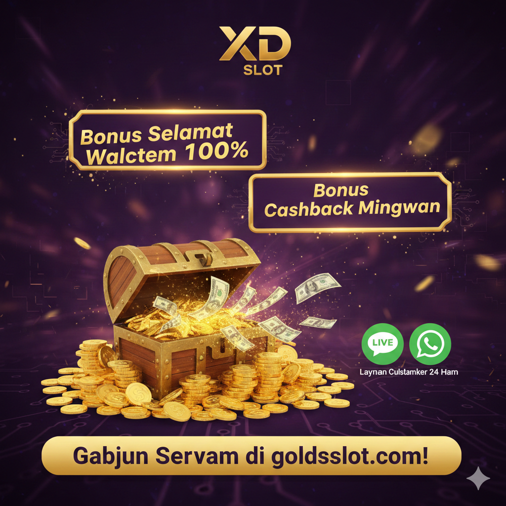 Visual ringkasan yang menarik perhatian dengan fokus pada promo dan bonus eksklusif. Tampilkan tumpukan koin emas atau tumpahan uang tunai digital di latar depan. Gunakan spanduk atau ikon berlabel 'Bonus Selamat Datang 100%' dan 'Bonus Cashback Mingguan' dengan warna kontras (misalnya, emas dengan latar ungu tua). Di sudut, sertakan ikon Live Chat dan WhatsApp yang menunjukkan 'Layanan Pelanggan 24 Jam'. Gambar harus menciptakan rasa urgensi dan hadiah, mendorong pengguna untuk segera mendaftar di goldsslot.com. Komposisi harus padat dan sarat informasi bonus.