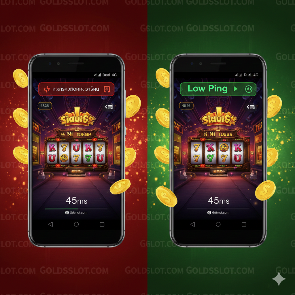 一张对比鲜明的优势展示图，画面分割为左右两部分。左侧展示普通手机在高Ping值下的红色卡顿警告，右侧展示Redmi Note 5在双4G模式下的绿色'Low Ping'（低延迟）状态，数值显示为'45ms'。背景中融入了Goldsslot网站的Slot游戏元素，金币粒子特效环绕着手机，象征着稳定的网络带来的顺畅游戏体验 dan kemenangan,色彩饱和度 tinggi,menekankan kinerja优势.